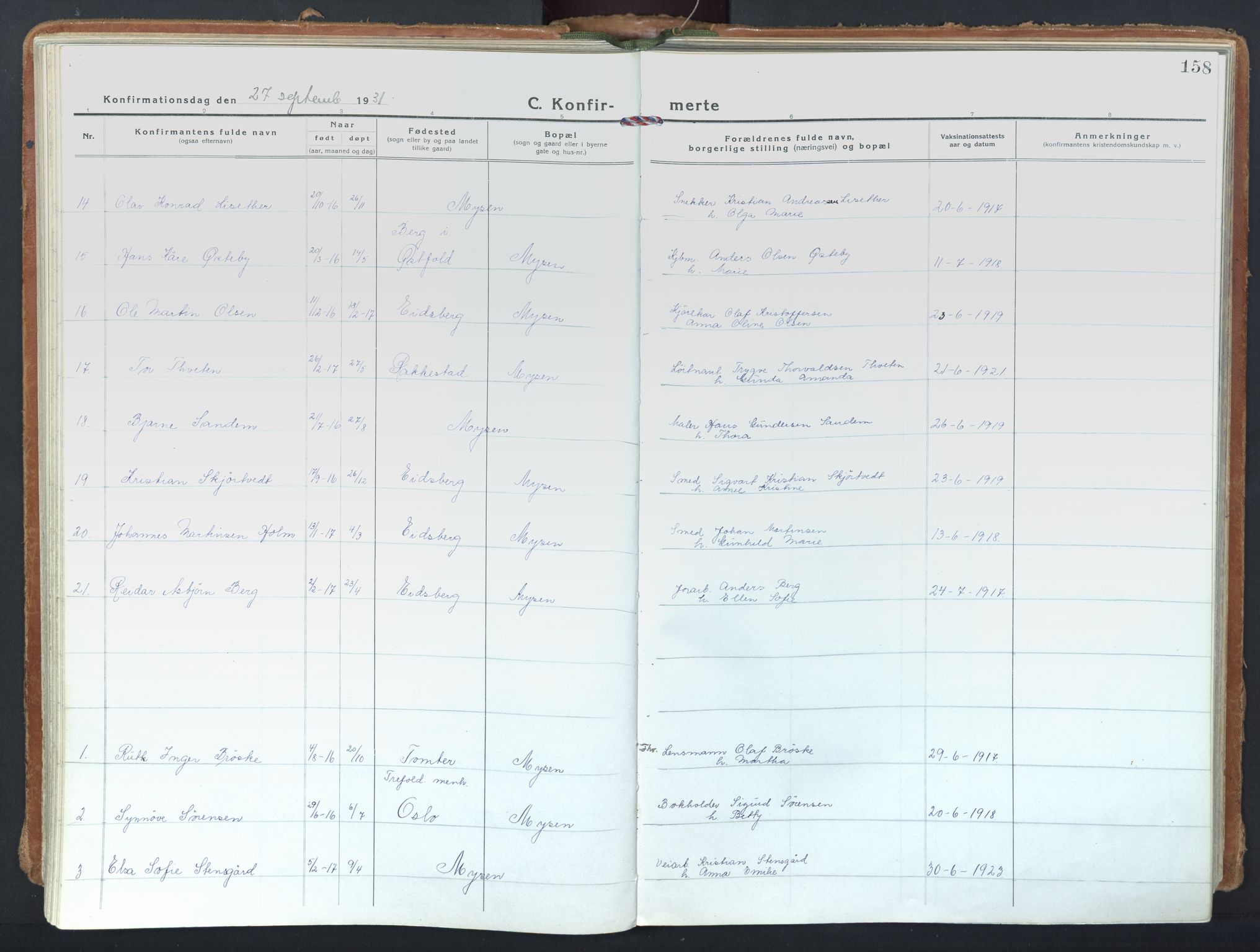 Eidsberg prestekontor Kirkebøker, SAO/A-10905/F/Fd/L0001: Parish register (official) no. IV 1, 1921-1948, p. 158