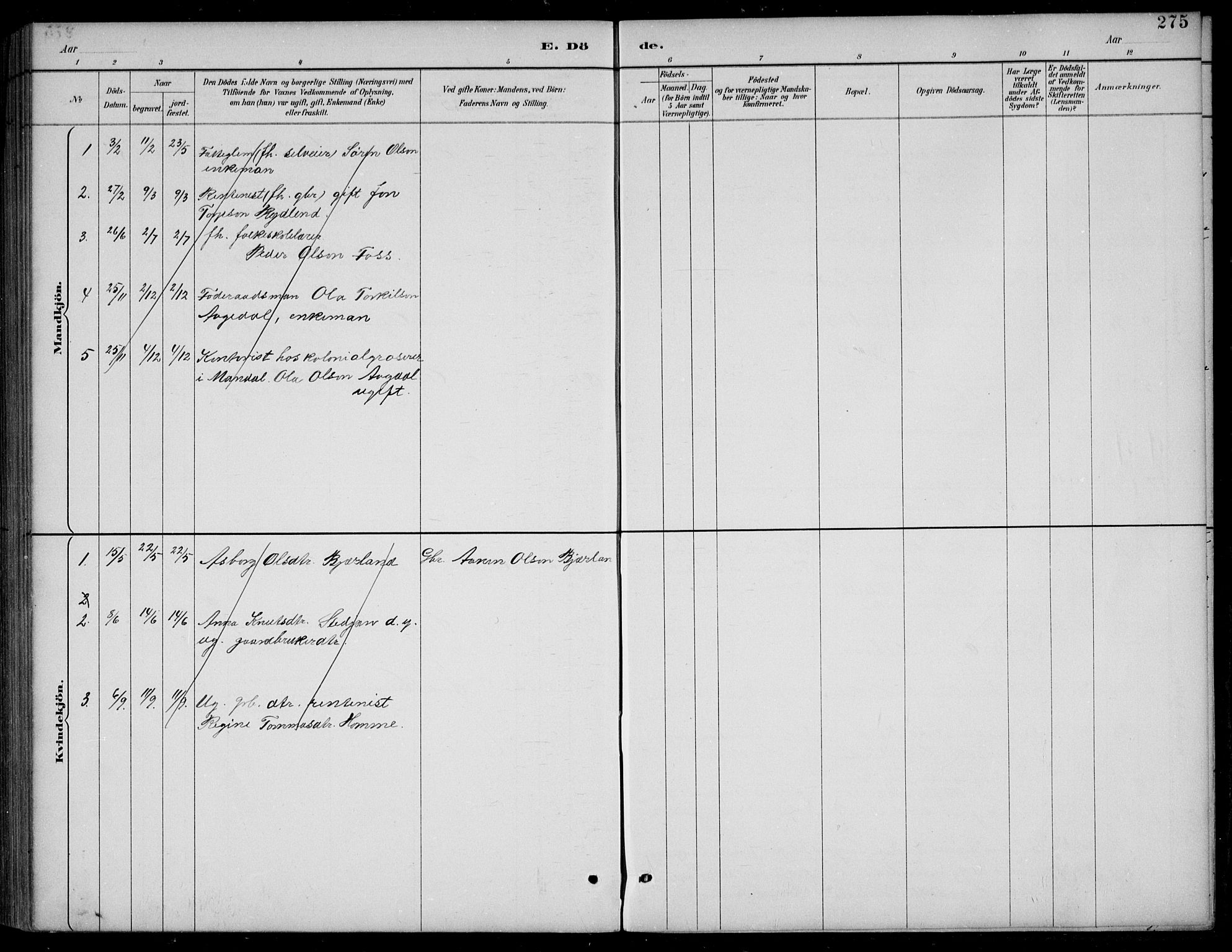 Bjelland sokneprestkontor, AV/SAK-1111-0005/F/Fb/Fba/L0005: Parish register (copy) no. B 5, 1887-1923, p. 275