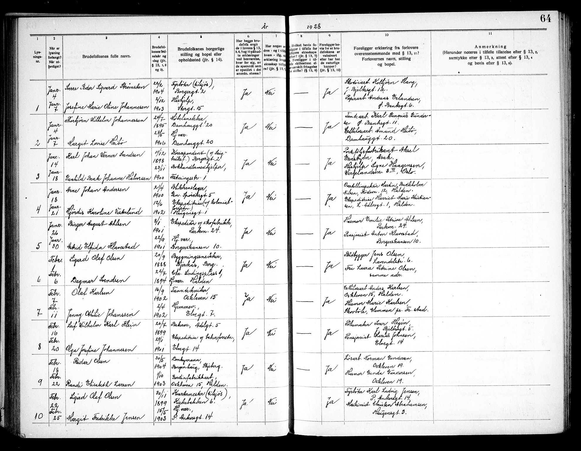 Halden prestekontor Kirkebøker, AV/SAO-A-10909/H/Ha/L0001: Banns register no. I 1, 1919-1934, p. 64