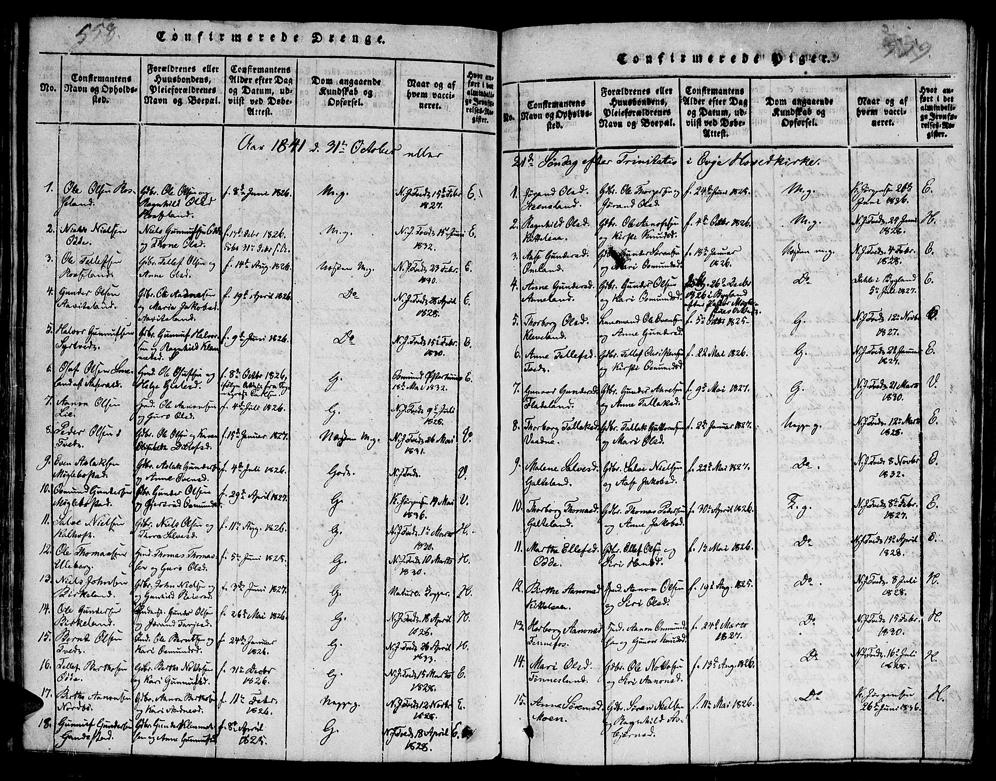 Evje sokneprestkontor, AV/SAK-1111-0008/F/Fb/Fba/L0001: Parish register (copy) no. B 1, 1816-1842, p. 558-559