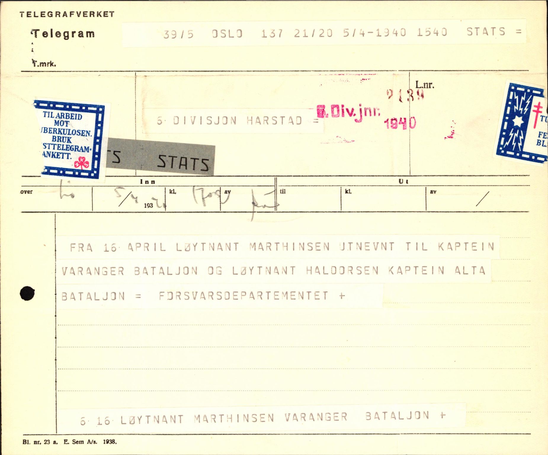 Forsvaret, Forsvarets krigshistoriske avdeling, AV/RA-RAFA-2017/Y/Yb/L0123: II-C-11-600  -  6. Divisjon med avdelinger, 1940, p. 147