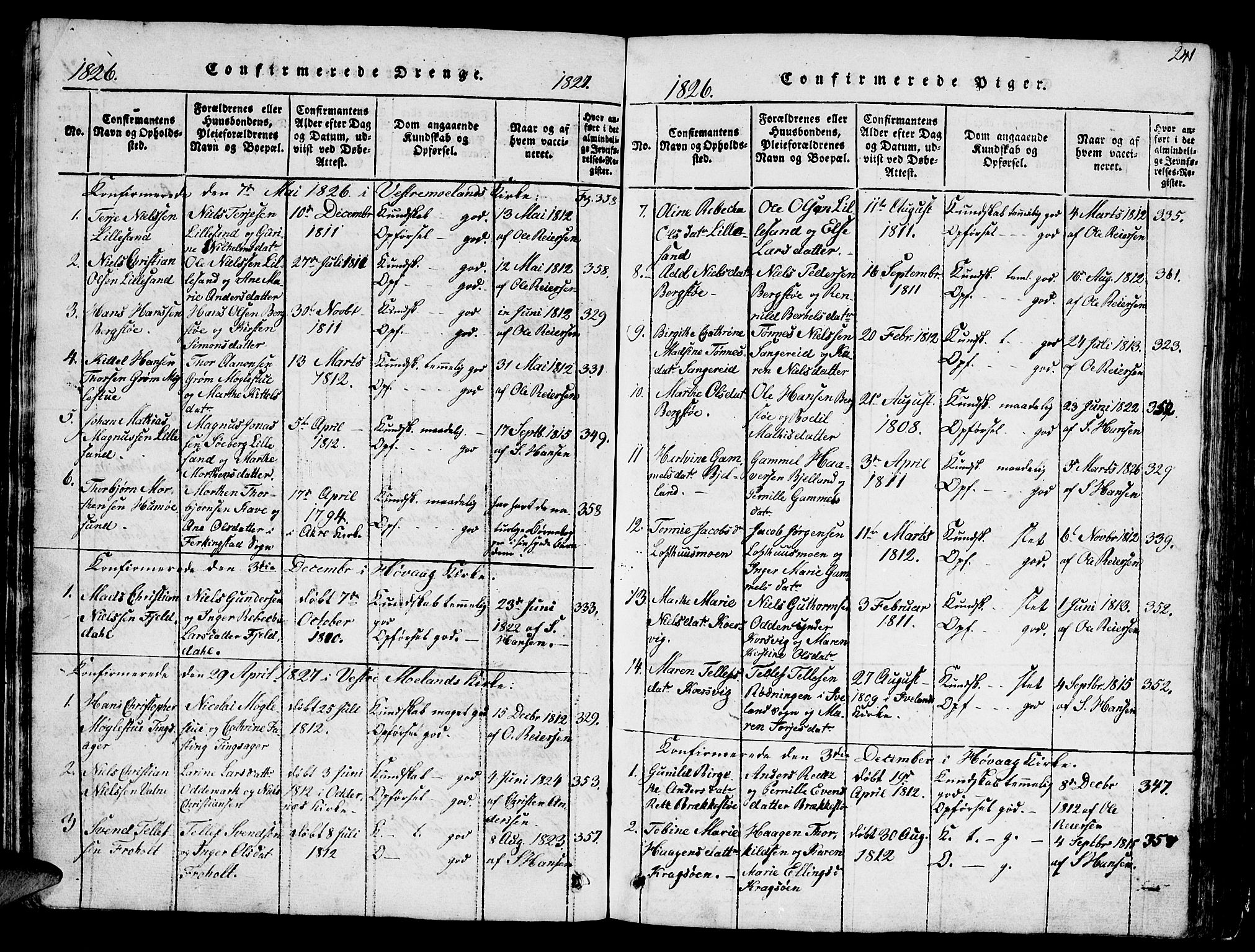Vestre Moland sokneprestkontor, SAK/1111-0046/F/Fb/Fbb/L0001: Parish register (copy) no. B 1, 1816-1851, p. 241