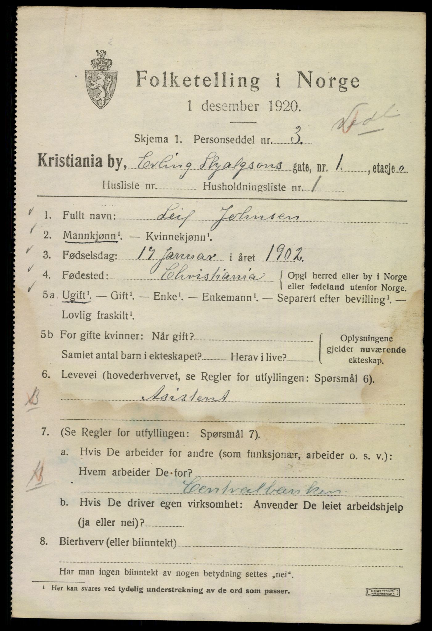 SAO, 1920 census for Kristiania, 1920, p. 221607