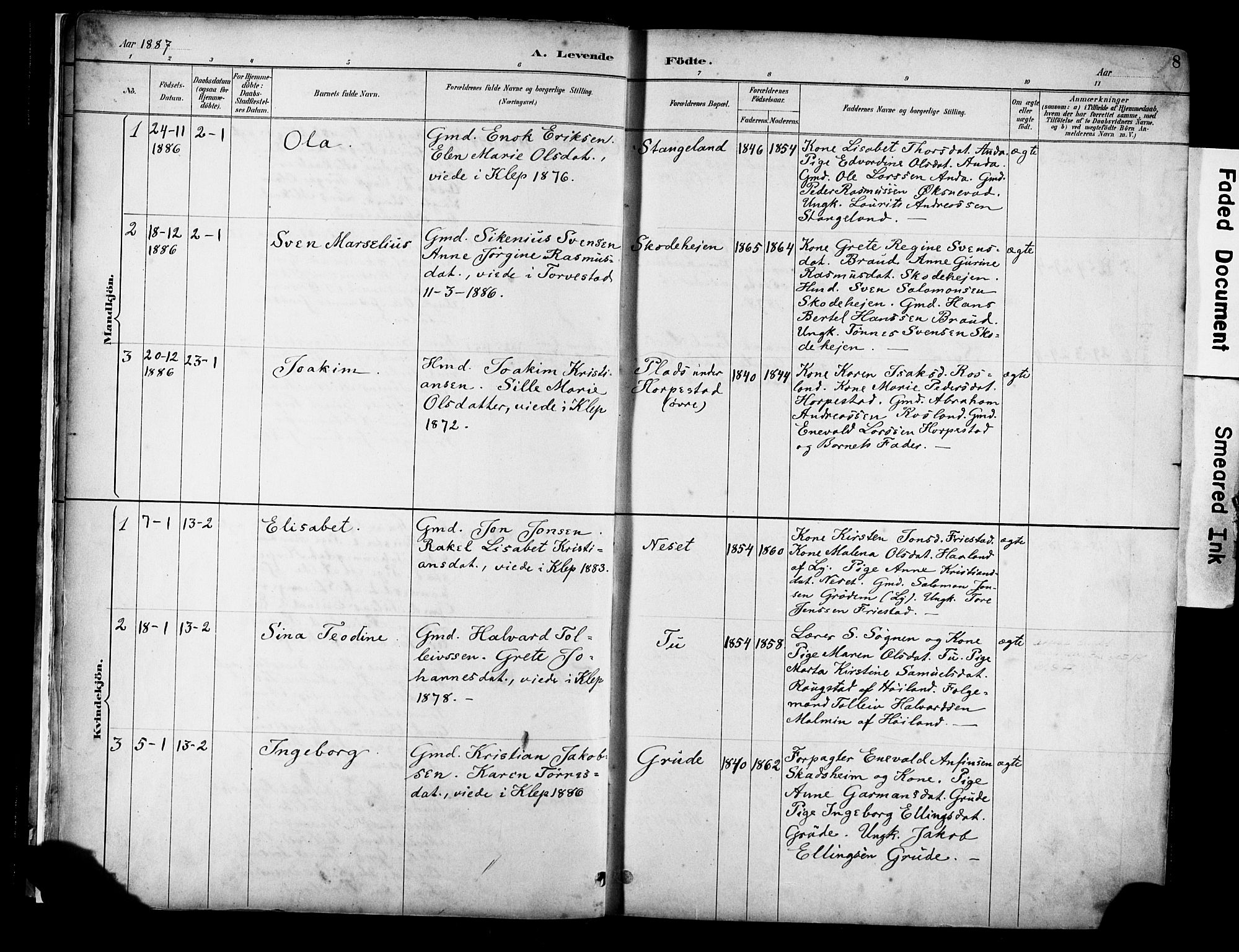 Klepp sokneprestkontor, SAST/A-101803/001/3/30BA/L0009: Parish register (official) no. A 7, 1886-1915, p. 8