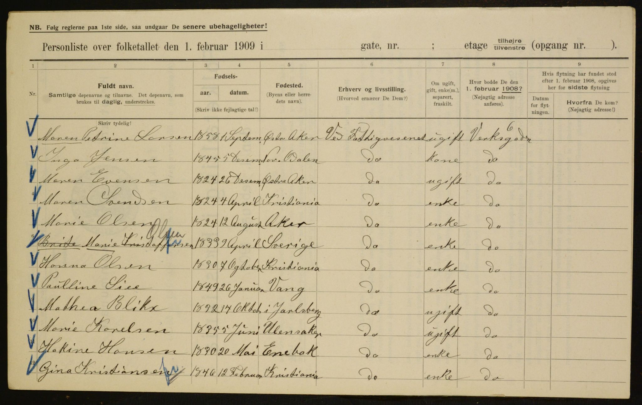 OBA, Municipal Census 1909 for Kristiania, 1909, p. 110619