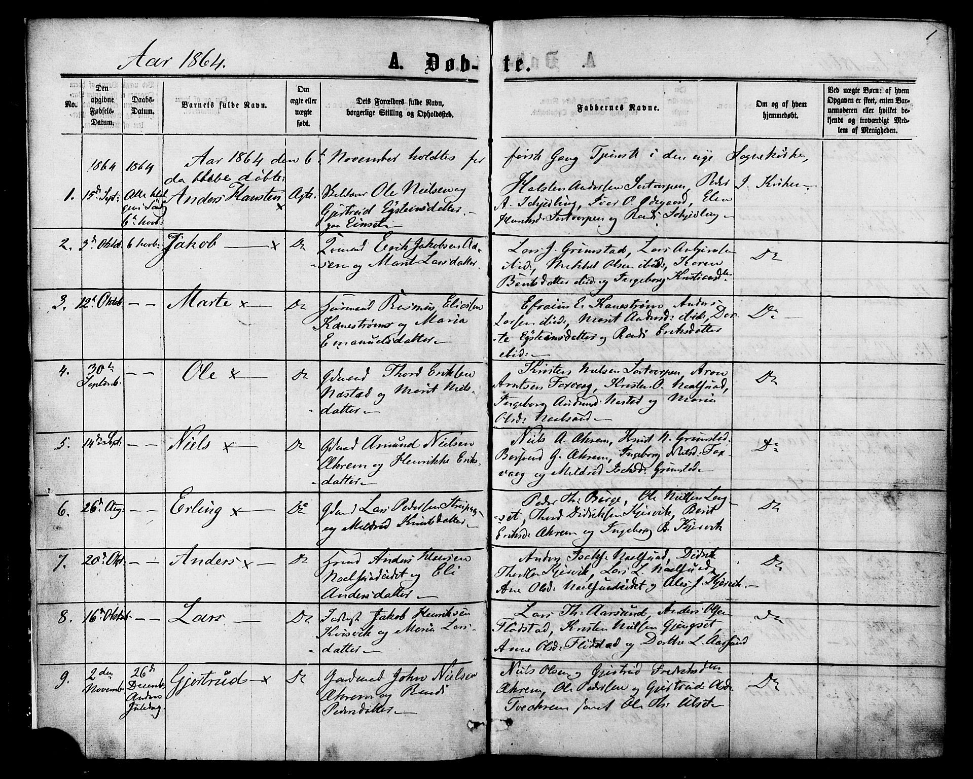 Ministerialprotokoller, klokkerbøker og fødselsregistre - Møre og Romsdal, AV/SAT-A-1454/587/L0999: Parish register (official) no. 587A01, 1864-1886, p. 1