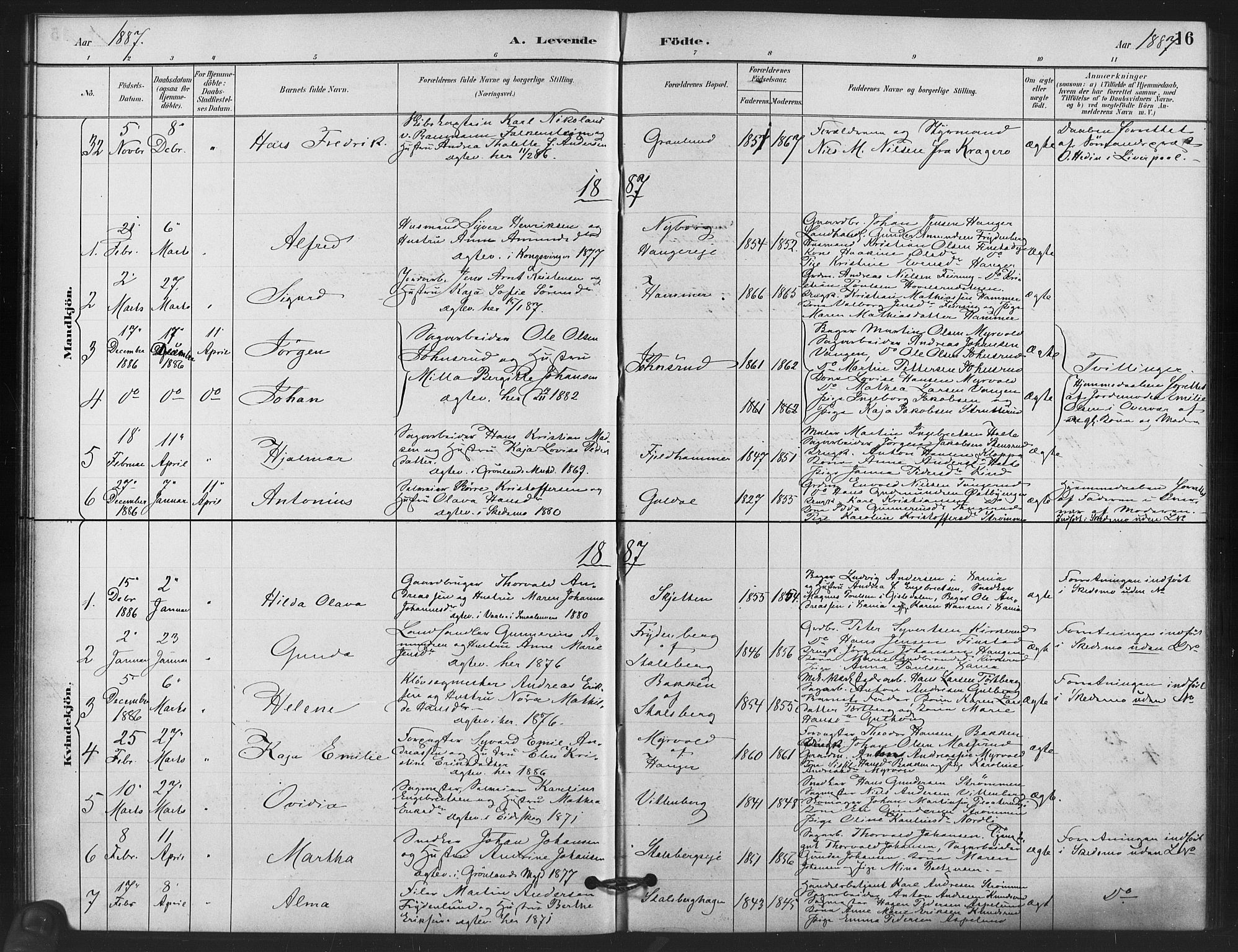 Skedsmo prestekontor Kirkebøker, AV/SAO-A-10033a/F/Fb/L0001: Parish register (official) no. II 1, 1883-1901, p. 16