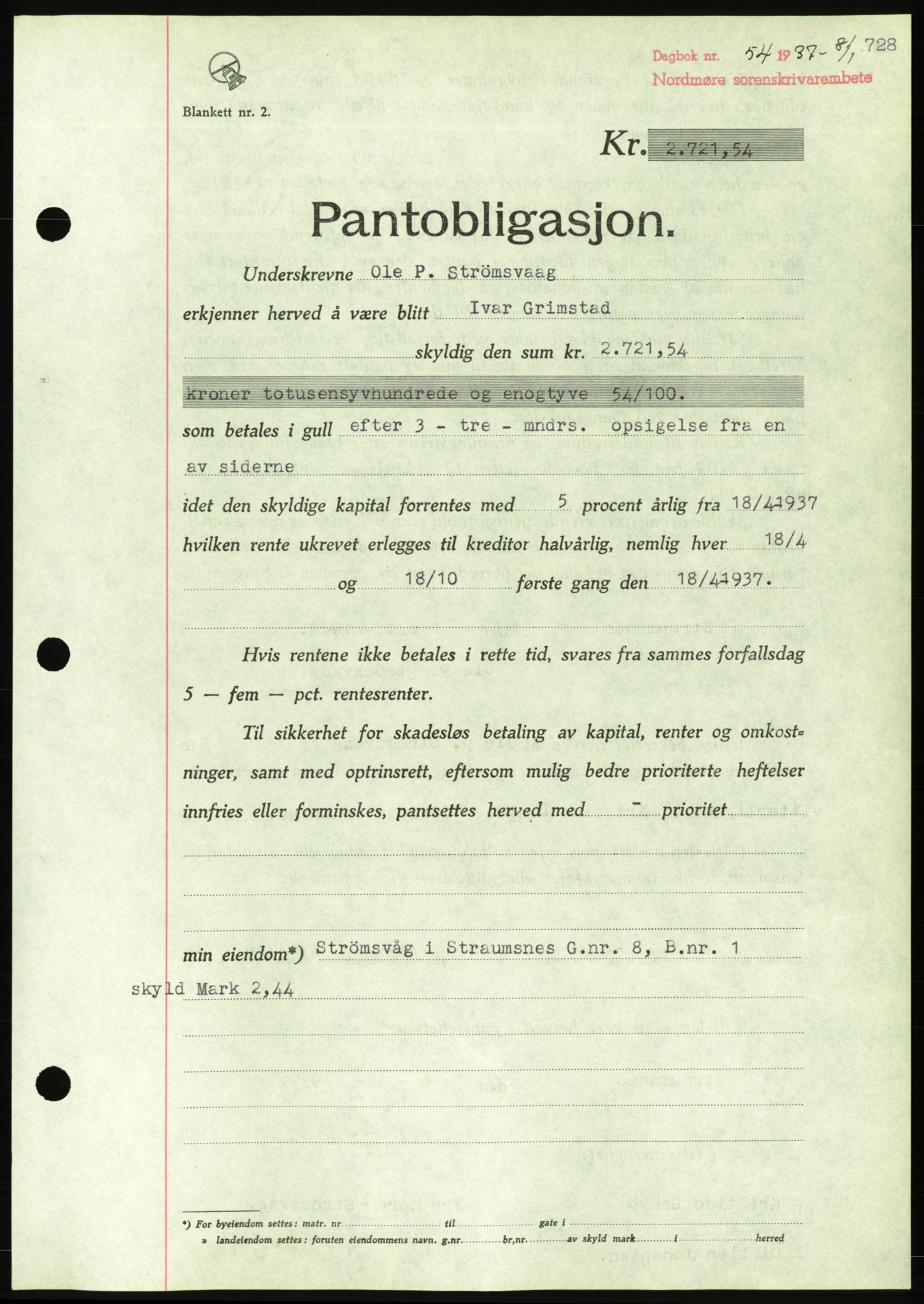 Nordmøre sorenskriveri, AV/SAT-A-4132/1/2/2Ca/L0090: Mortgage book no. B80, 1936-1937, Diary no: : 54/1937