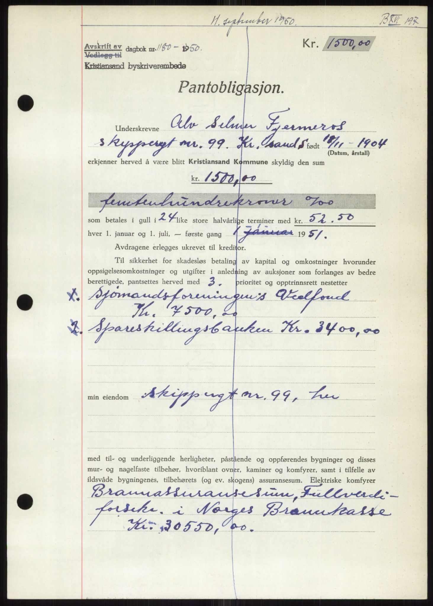Kristiansand byrett, AV/SAK-1223-0001/G/Gb/Gbb/L0013: Mortgage book no. B 16, 1950-1950, Diary no: : 1180/1950