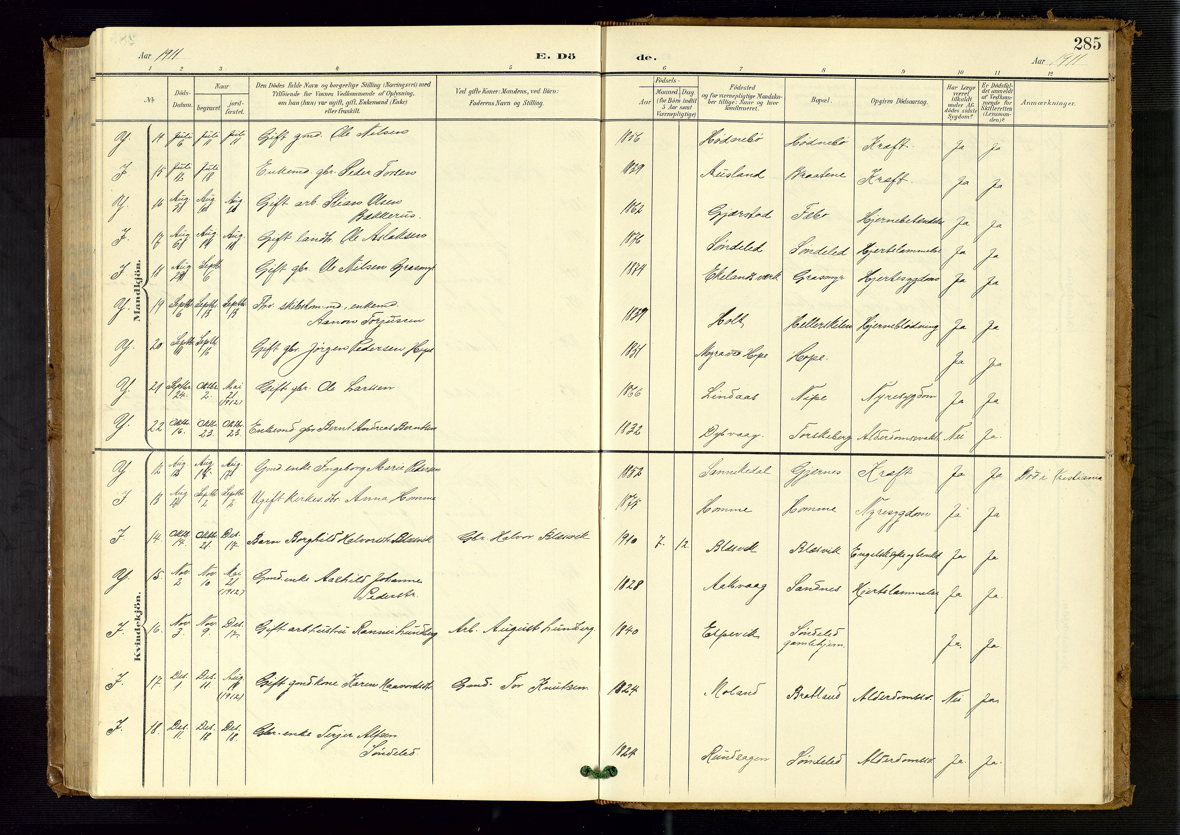 Søndeled sokneprestkontor, AV/SAK-1111-0038/F/Fb/L0005: Parish register (copy) no. B 6, 1900-1962, p. 285