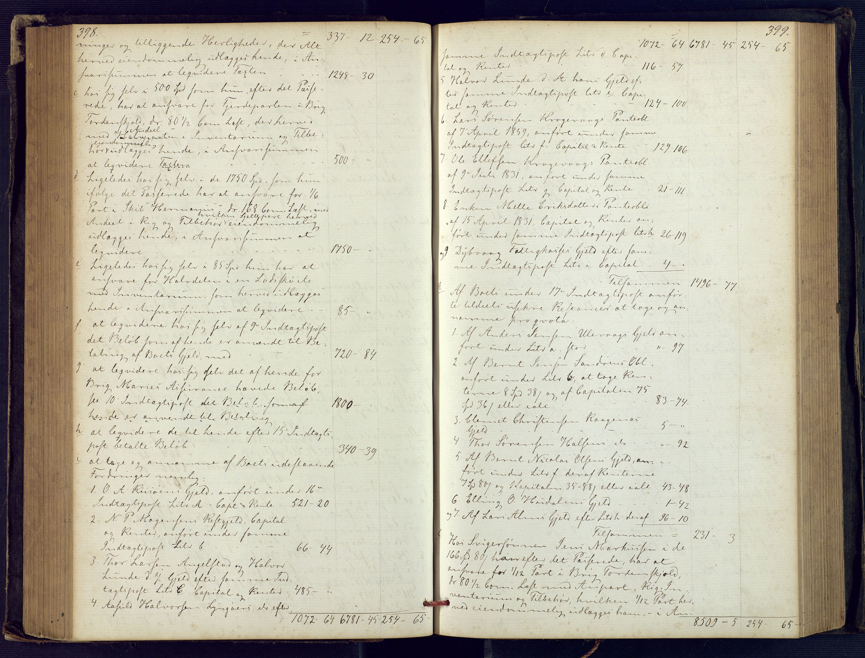 Holt sorenskriveri, SAK/1221-0002/H/Hc/L0029: Skifteutlodningsprotokoll nr. 4 med løst register, 1857-1862, p. 398-399