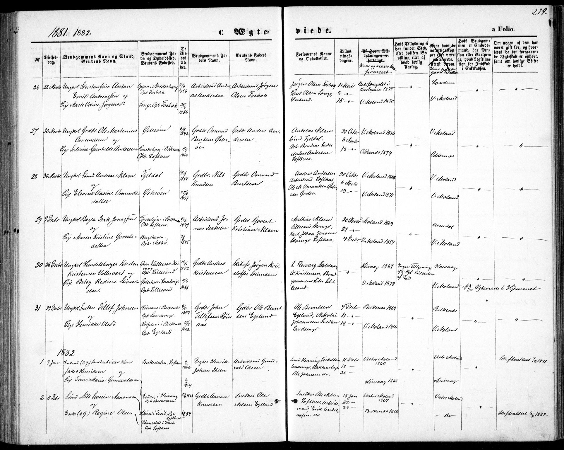 Vestre Moland sokneprestkontor, SAK/1111-0046/F/Fb/Fbb/L0005: Parish register (copy) no. B 5, 1872-1883, p. 219