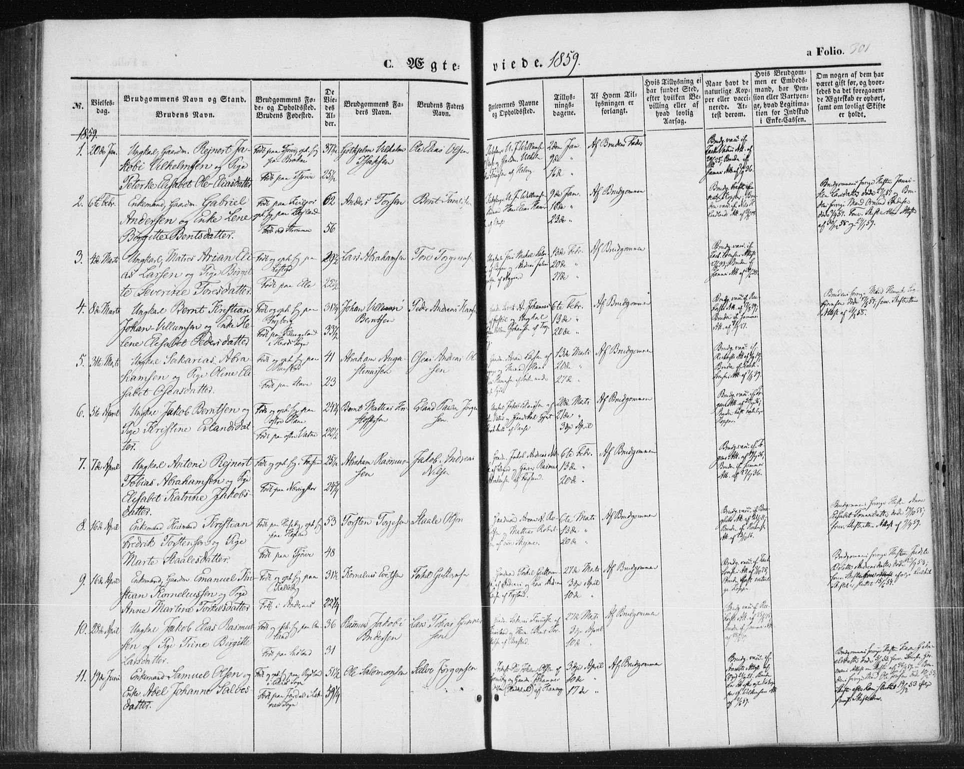 Lista sokneprestkontor, SAK/1111-0027/F/Fa/L0010: Parish register (official) no. A 10, 1846-1861, p. 301