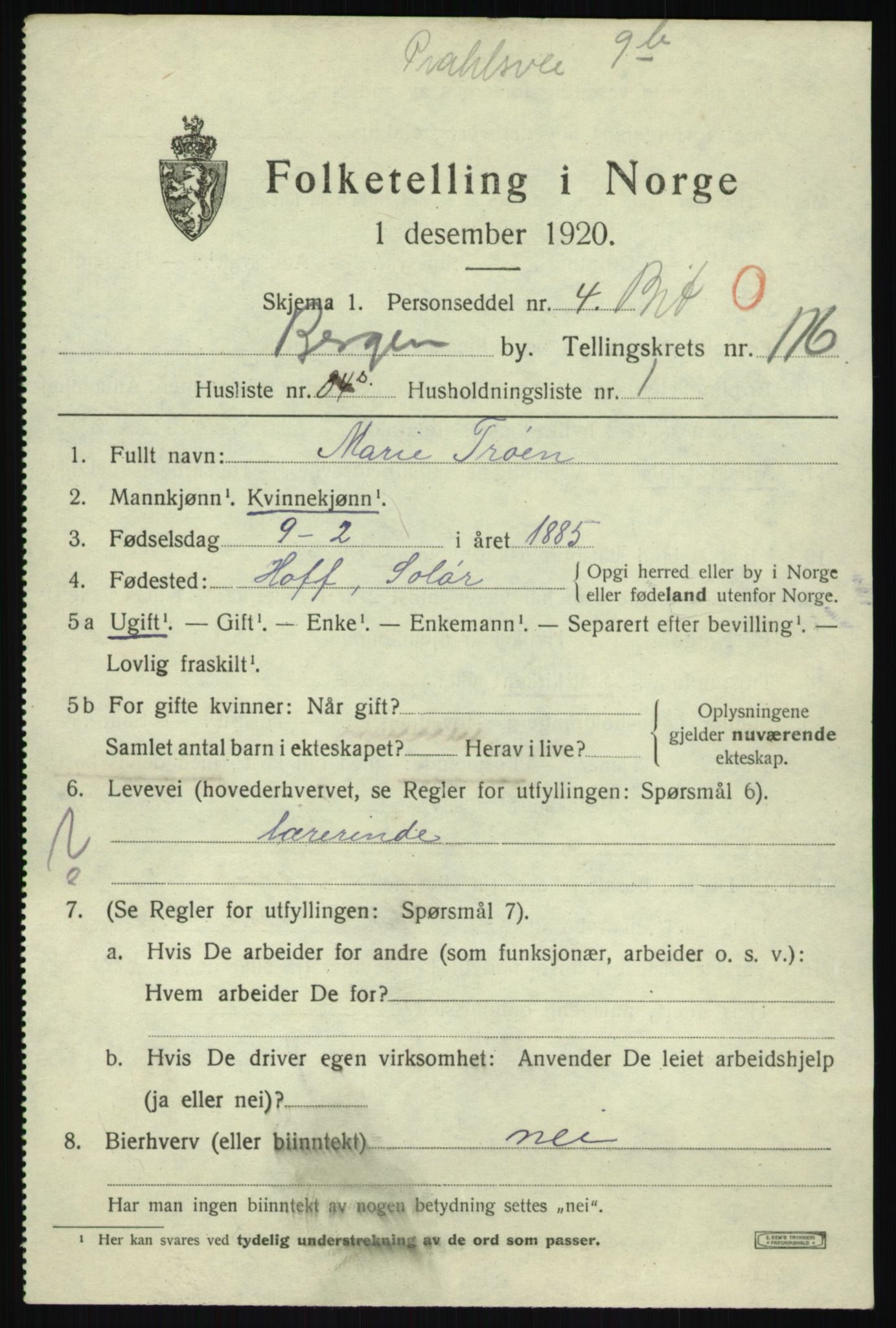 SAB, 1920 census for Bergen, 1920, p. 197498