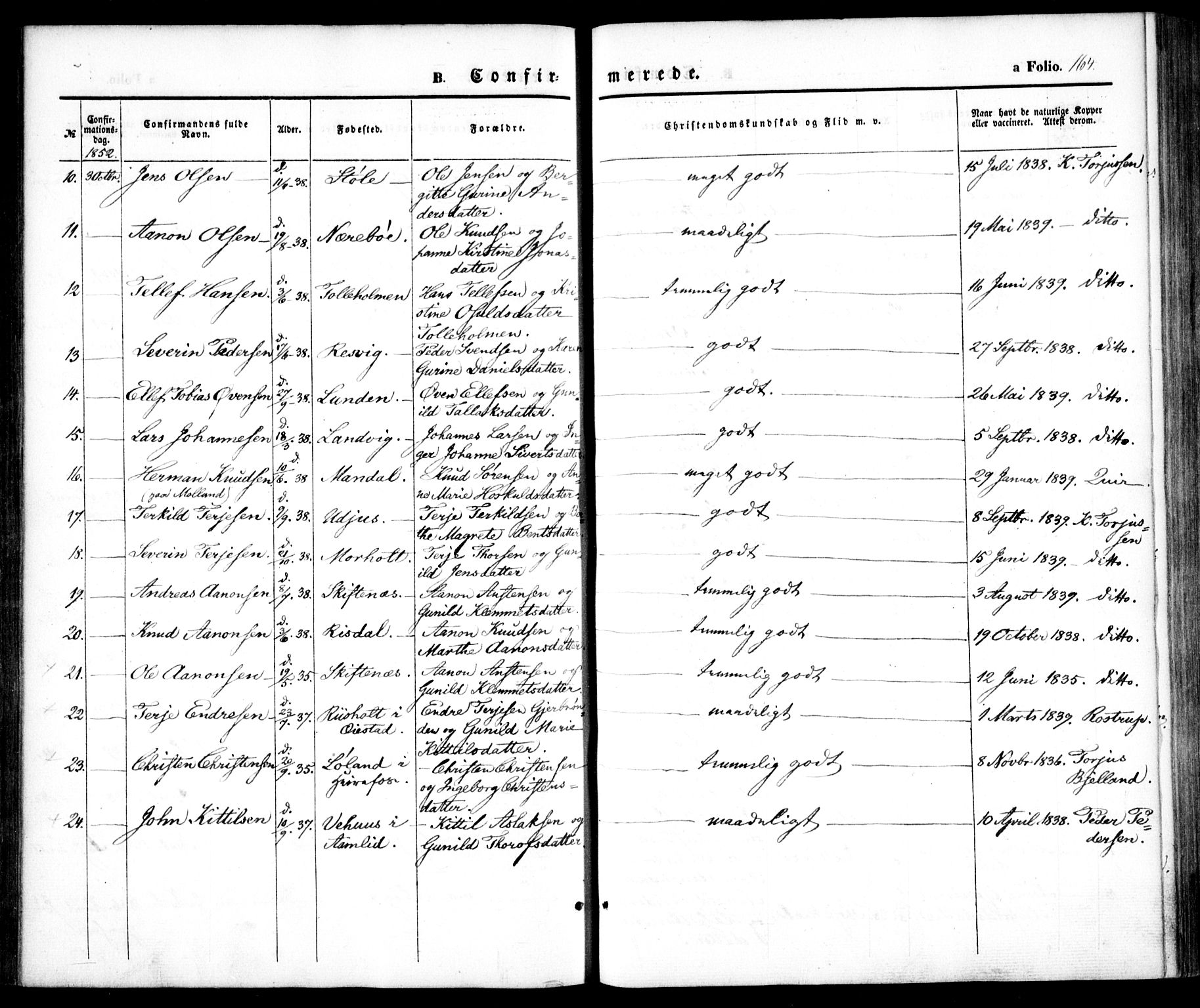 Hommedal sokneprestkontor, AV/SAK-1111-0023/F/Fa/Fab/L0004: Parish register (official) no. A 4, 1848-1860, p. 164