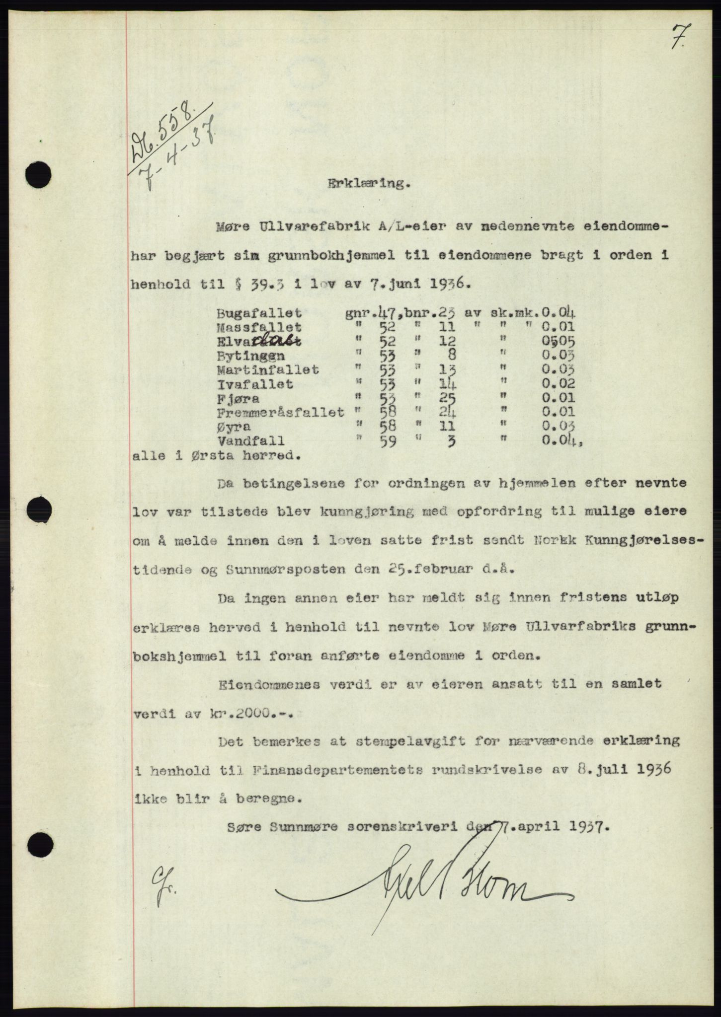 Søre Sunnmøre sorenskriveri, AV/SAT-A-4122/1/2/2C/L0063: Mortgage book no. 57, 1937-1937, Diary no: : 558/1937