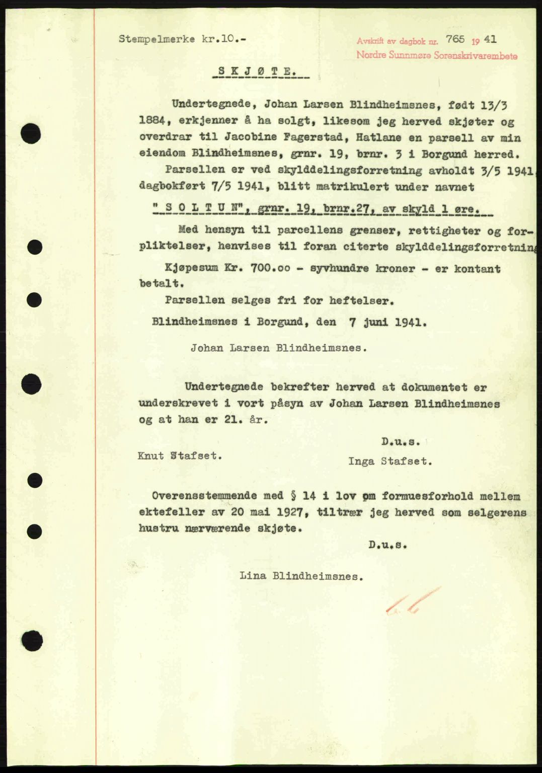 Nordre Sunnmøre sorenskriveri, AV/SAT-A-0006/1/2/2C/2Ca: Mortgage book no. A11, 1941-1941, Diary no: : 765/1941