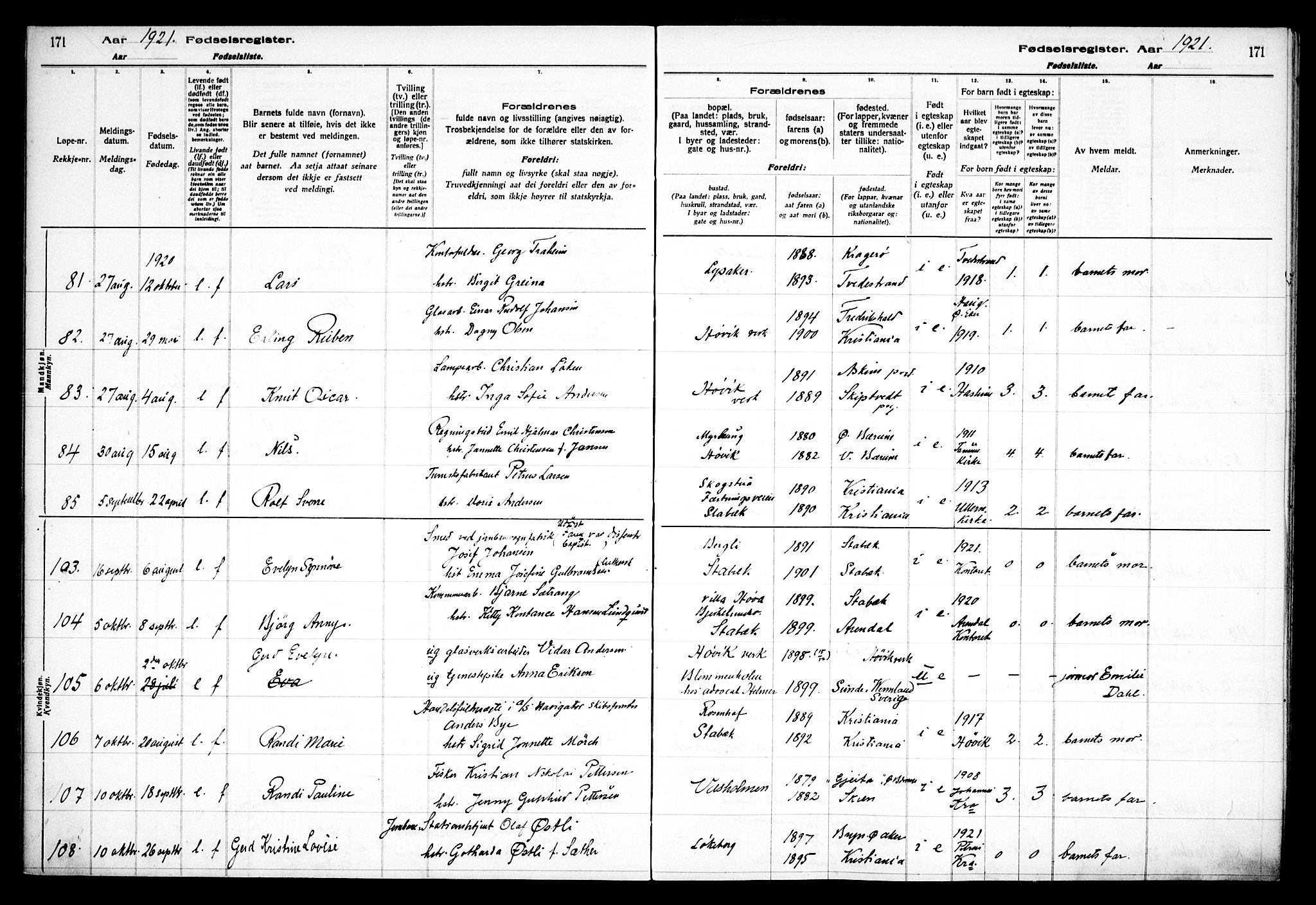 Østre Bærum prestekontor Kirkebøker, AV/SAO-A-10887/J/Ja/L0001: Birth register no. 1, 1916-1922, p. 171