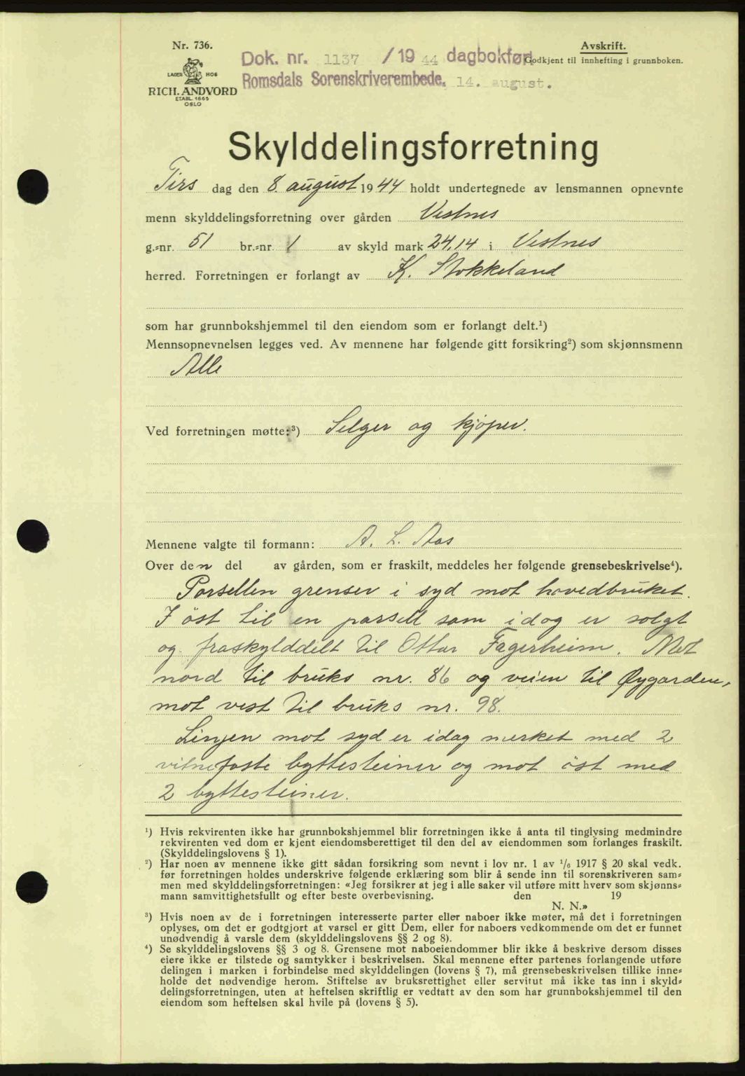 Romsdal sorenskriveri, SAT/A-4149/1/2/2C: Mortgage book no. A16, 1944-1944, Diary no: : 1137/1944