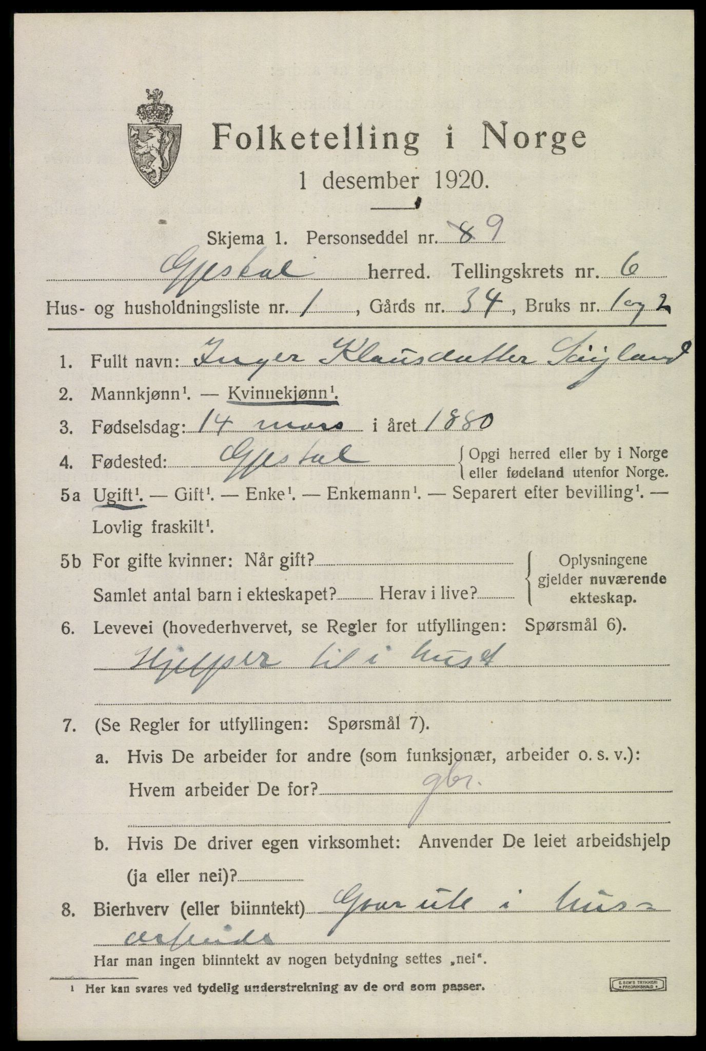 SAST, 1920 census for Gjesdal, 1920, p. 3404