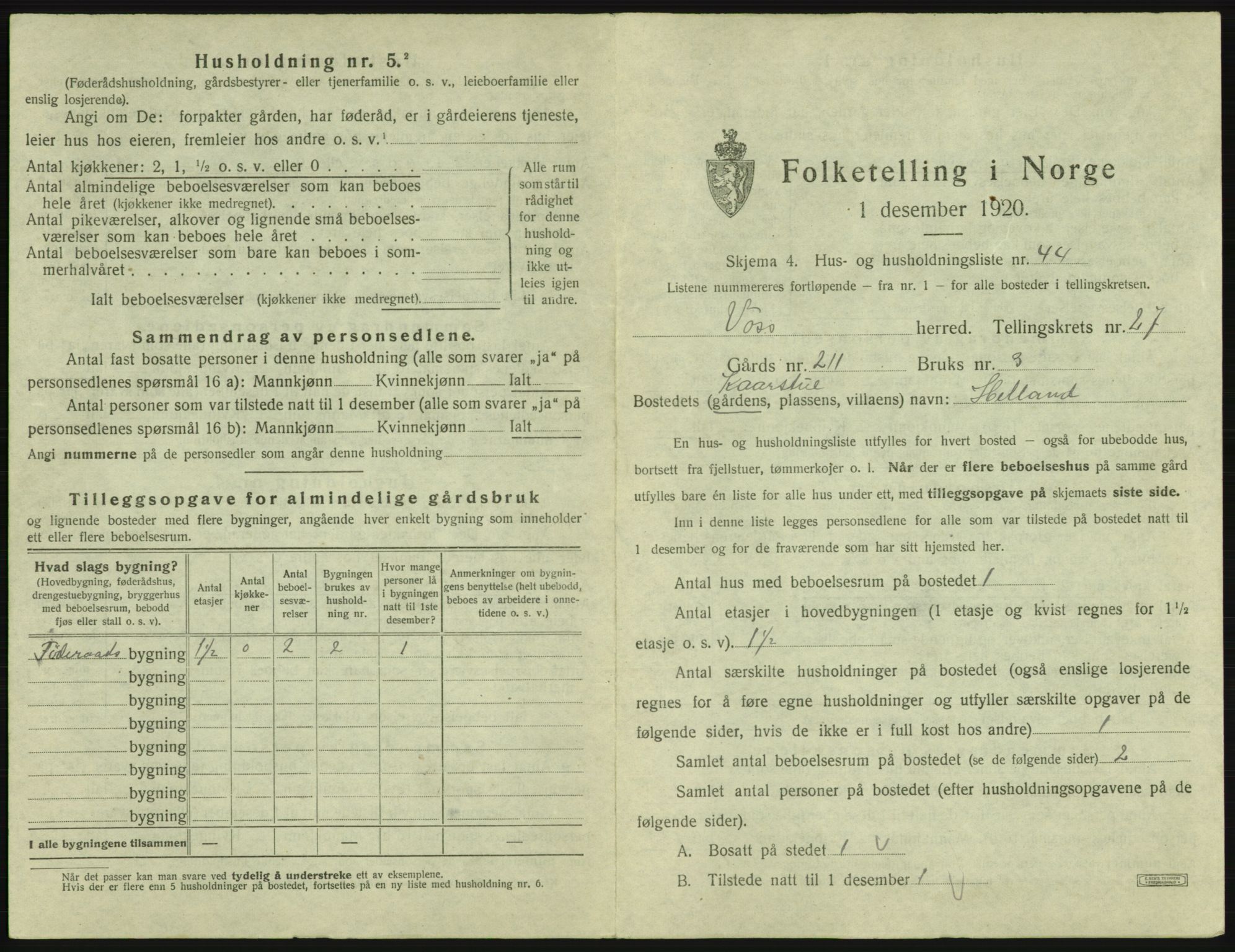 SAB, 1920 census for Voss, 1920, p. 2499