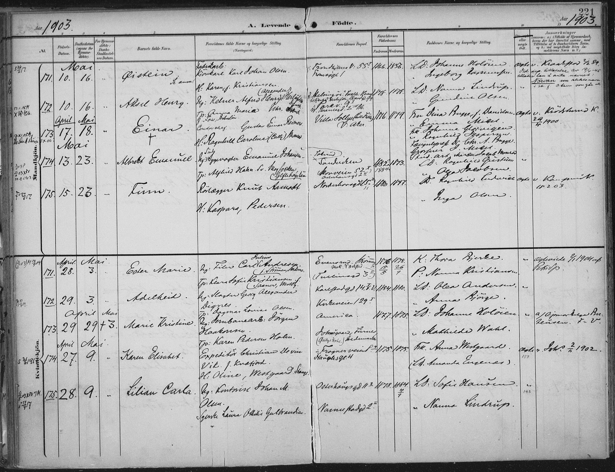 Rikshospitalet prestekontor Kirkebøker, SAO/A-10309b/F/L0012: Parish register (official) no. 12, 1901-1904, p. 221