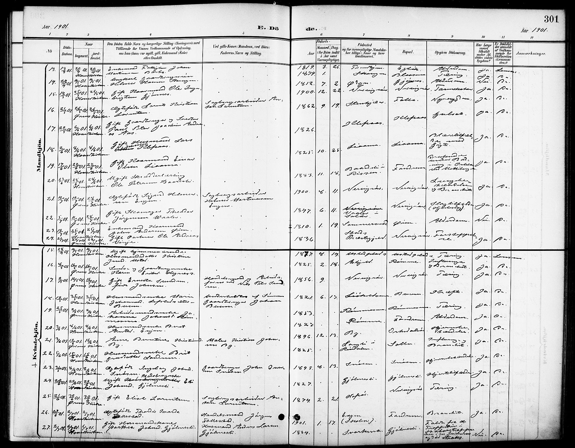 Ministerialprotokoller, klokkerbøker og fødselsregistre - Sør-Trøndelag, SAT/A-1456/668/L0819: Parish register (copy) no. 668C08, 1899-1912, p. 301