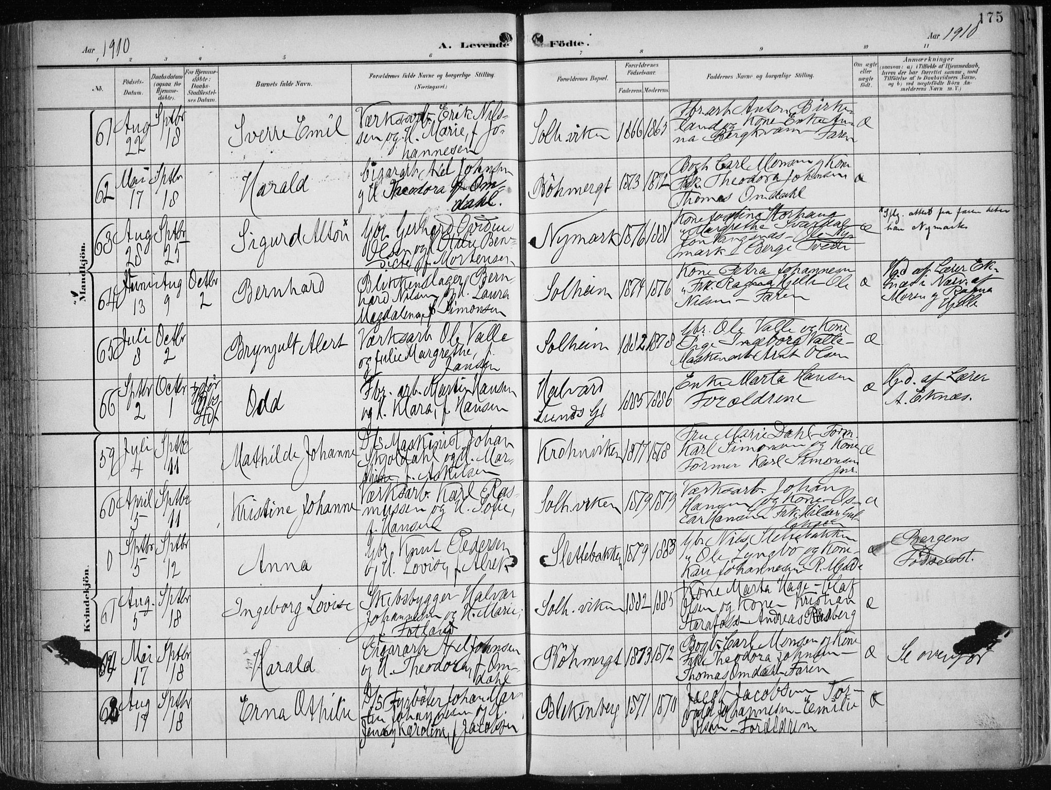 Årstad Sokneprestembete, AV/SAB-A-79301/H/Haa/L0002: Parish register (official) no. A 2, 1899-1914, p. 175
