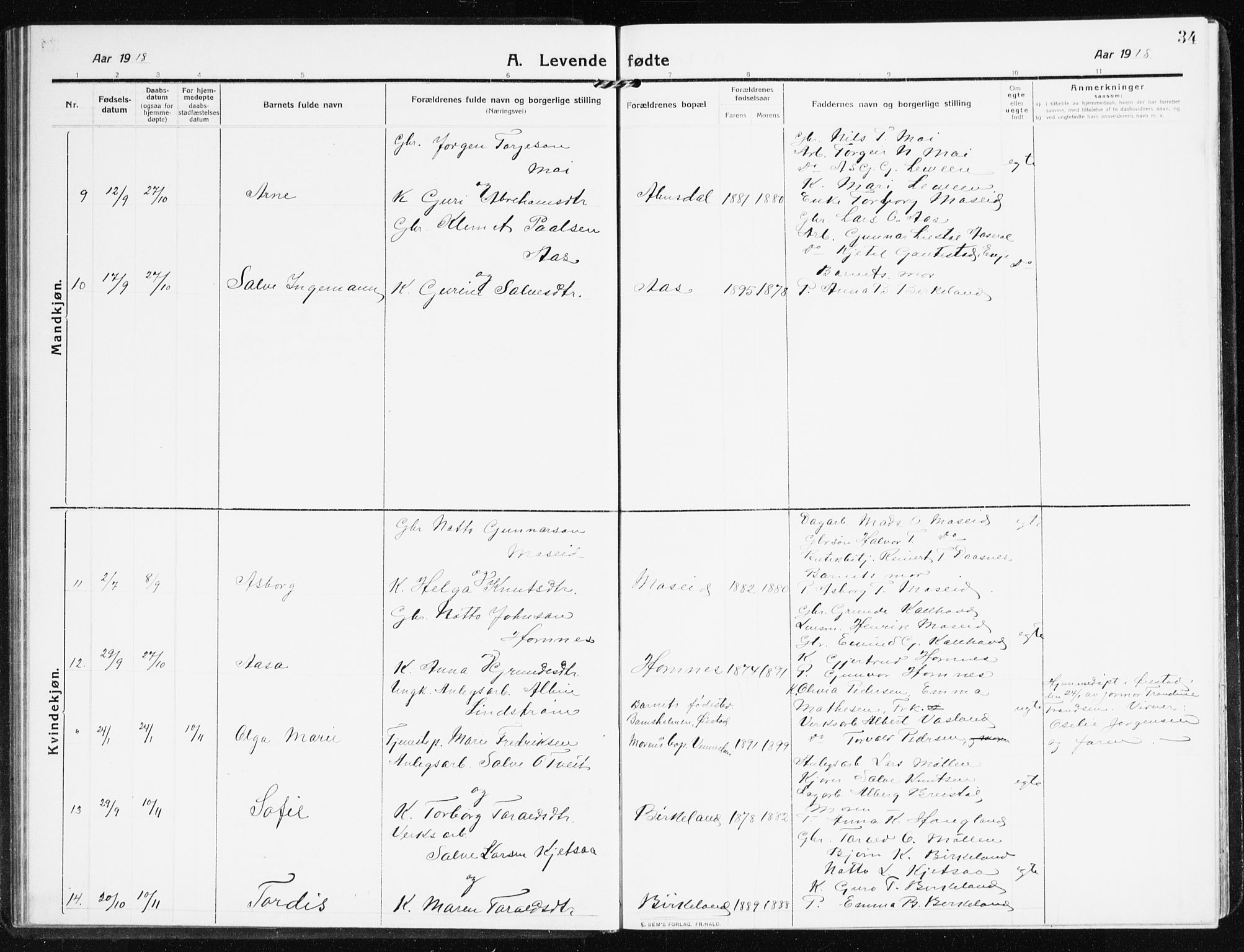 Evje sokneprestkontor, AV/SAK-1111-0008/F/Fb/Fbb/L0003: Parish register (copy) no. B 3, 1910-1933, p. 34