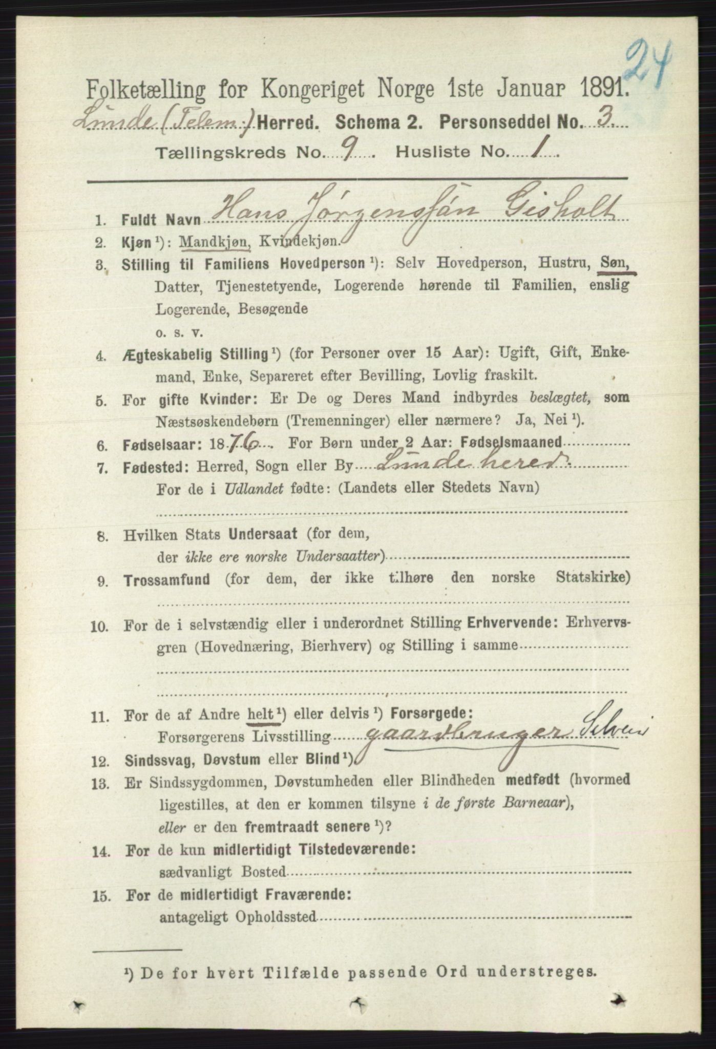 RA, 1891 census for 0820 Lunde, 1891, p. 2725