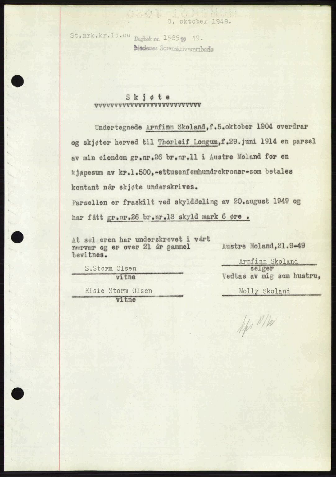 Nedenes sorenskriveri, SAK/1221-0006/G/Gb/Gba/L0061: Mortgage book no. A13, 1949-1949, Diary no: : 1585/1949