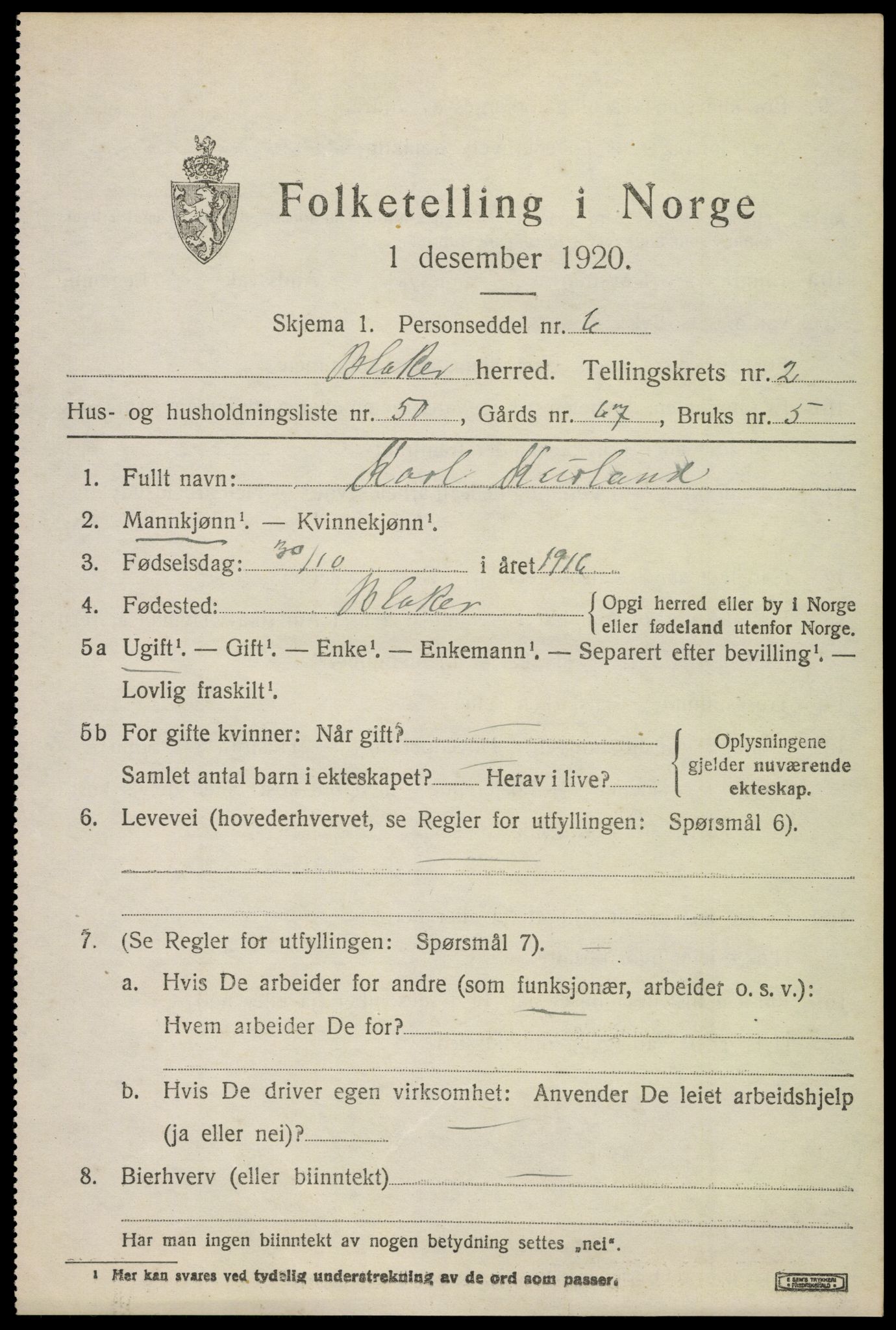 SAO, 1920 census for Blaker, 1920, p. 2013