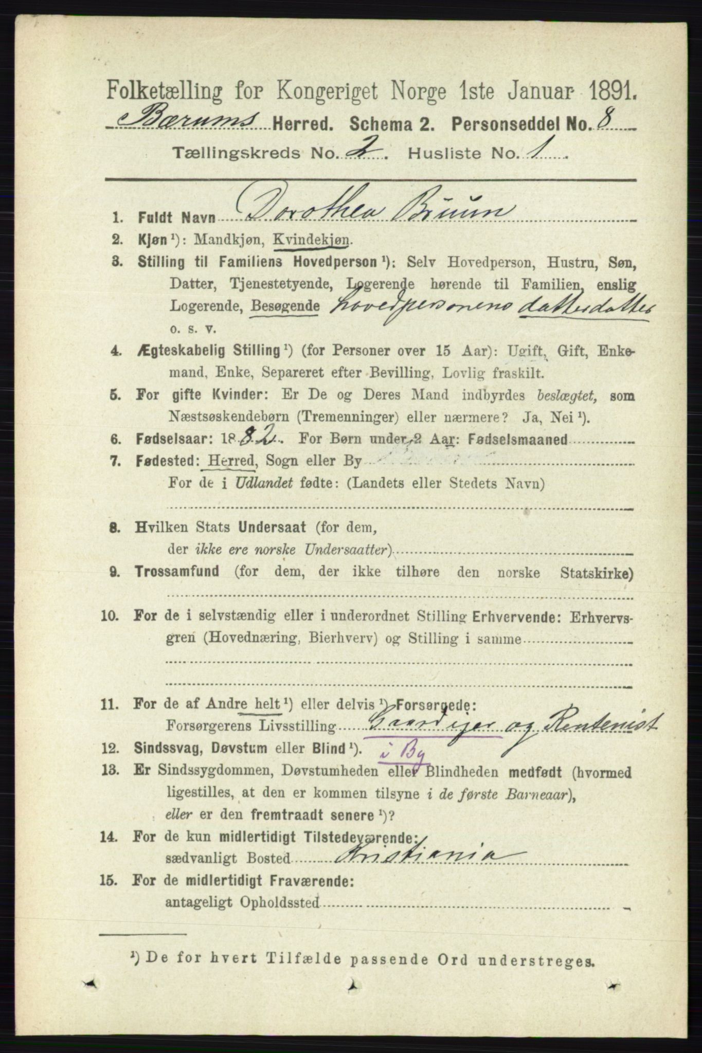 RA, 1891 census for 0219 Bærum, 1891, p. 1080