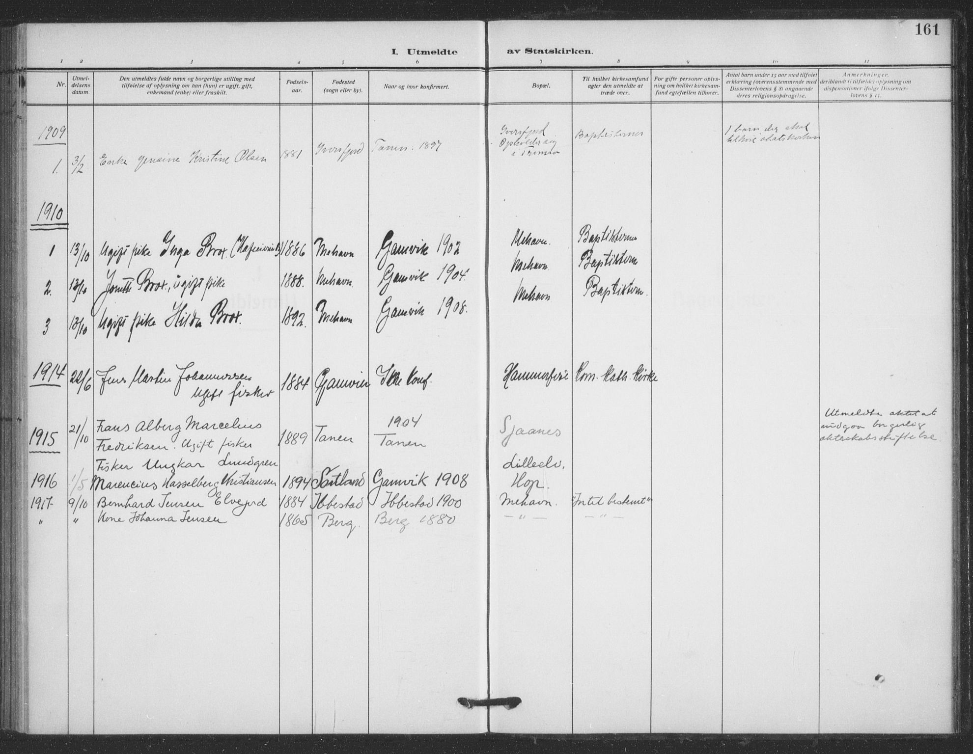 Tana sokneprestkontor, SATØ/S-1334/H/Ha/L0008kirke: Parish register (official) no. 8, 1908-1920, p. 161