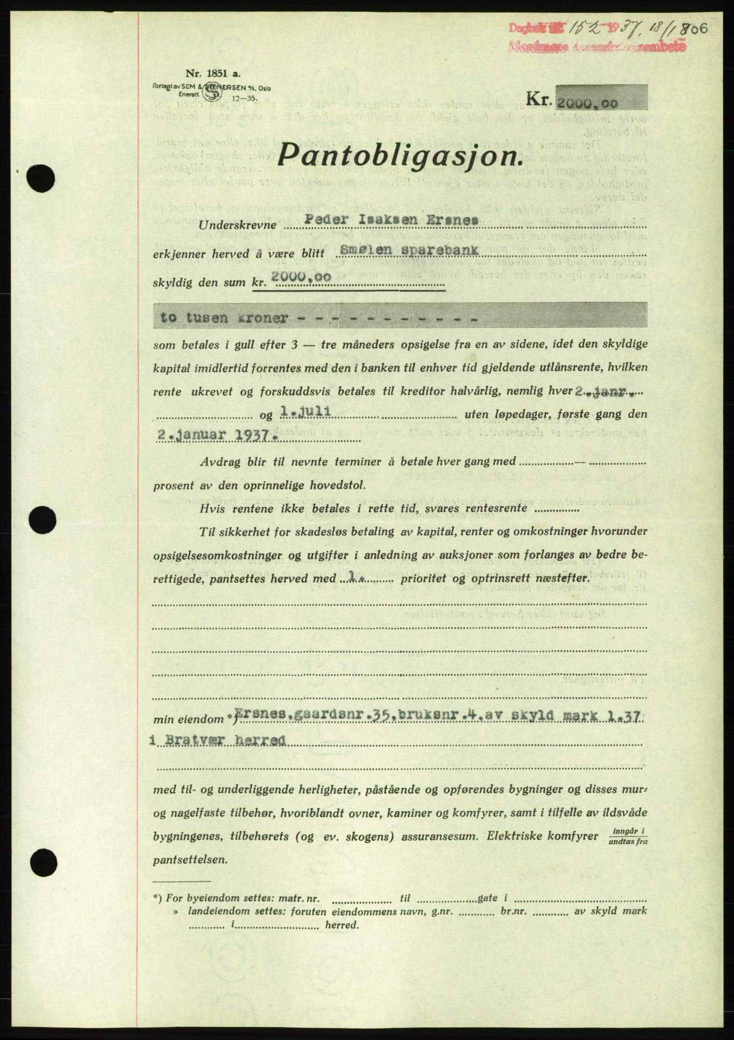 Nordmøre sorenskriveri, AV/SAT-A-4132/1/2/2Ca/L0090: Mortgage book no. B80, 1936-1937, Diary no: : 152/1937