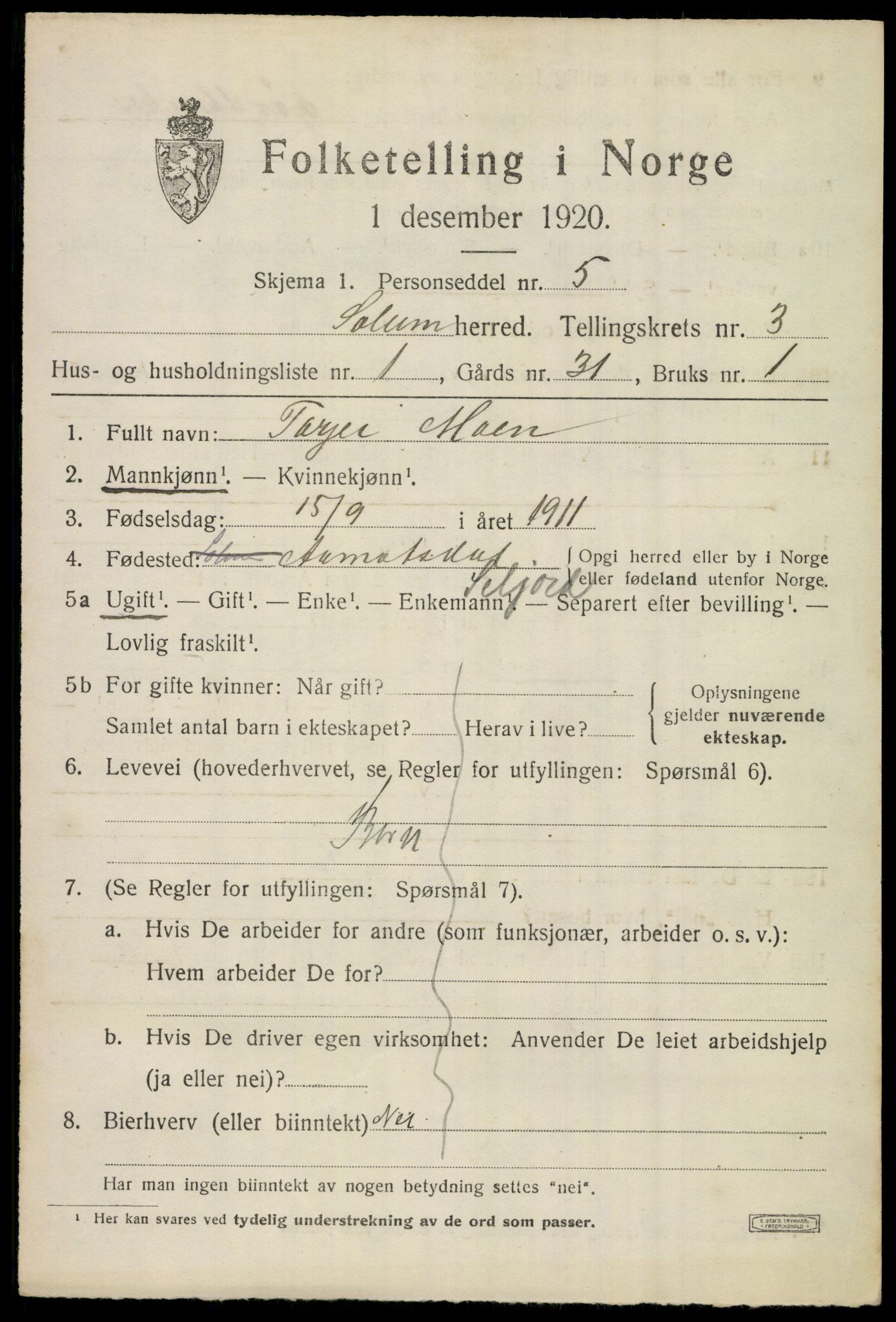 SAKO, 1920 census for Solum, 1920, p. 7686