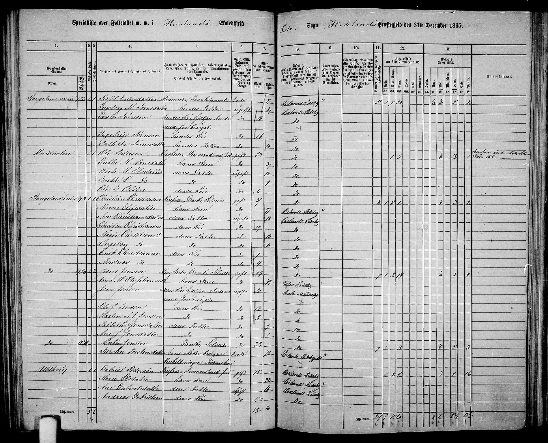 RA, 1865 census for Håland, 1865, p. 69