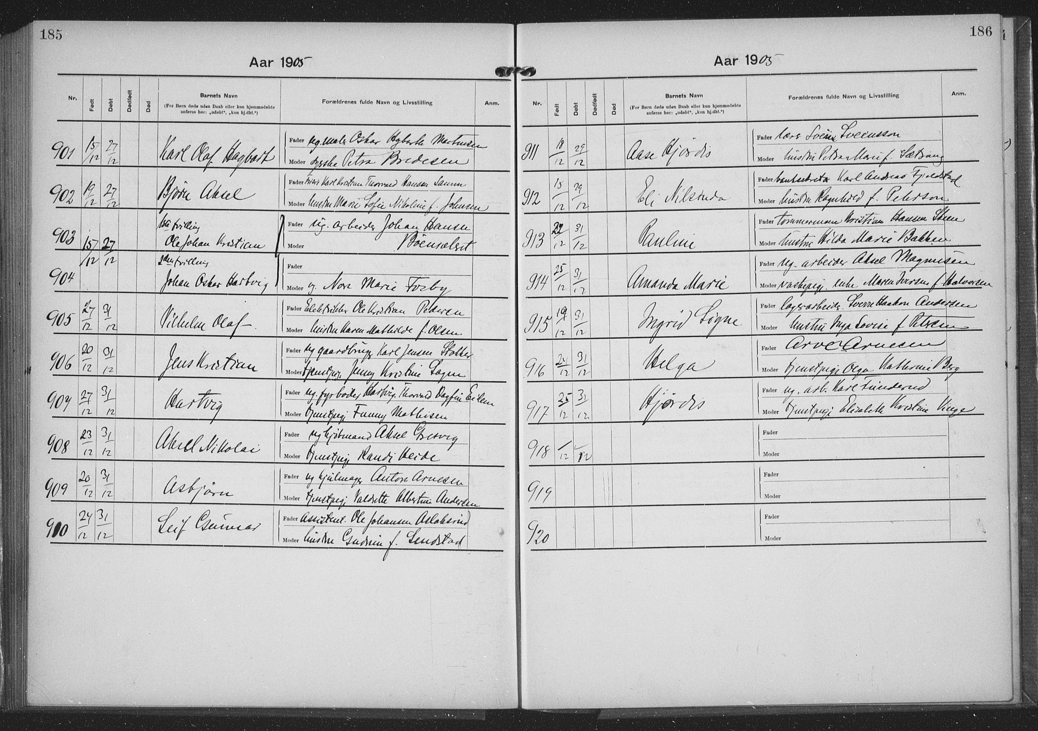 Rikshospitalet prestekontor Kirkebøker, SAO/A-10309b/K/L0006/0001: Baptism register no. 6.1, 1904-1906, p. 185-186