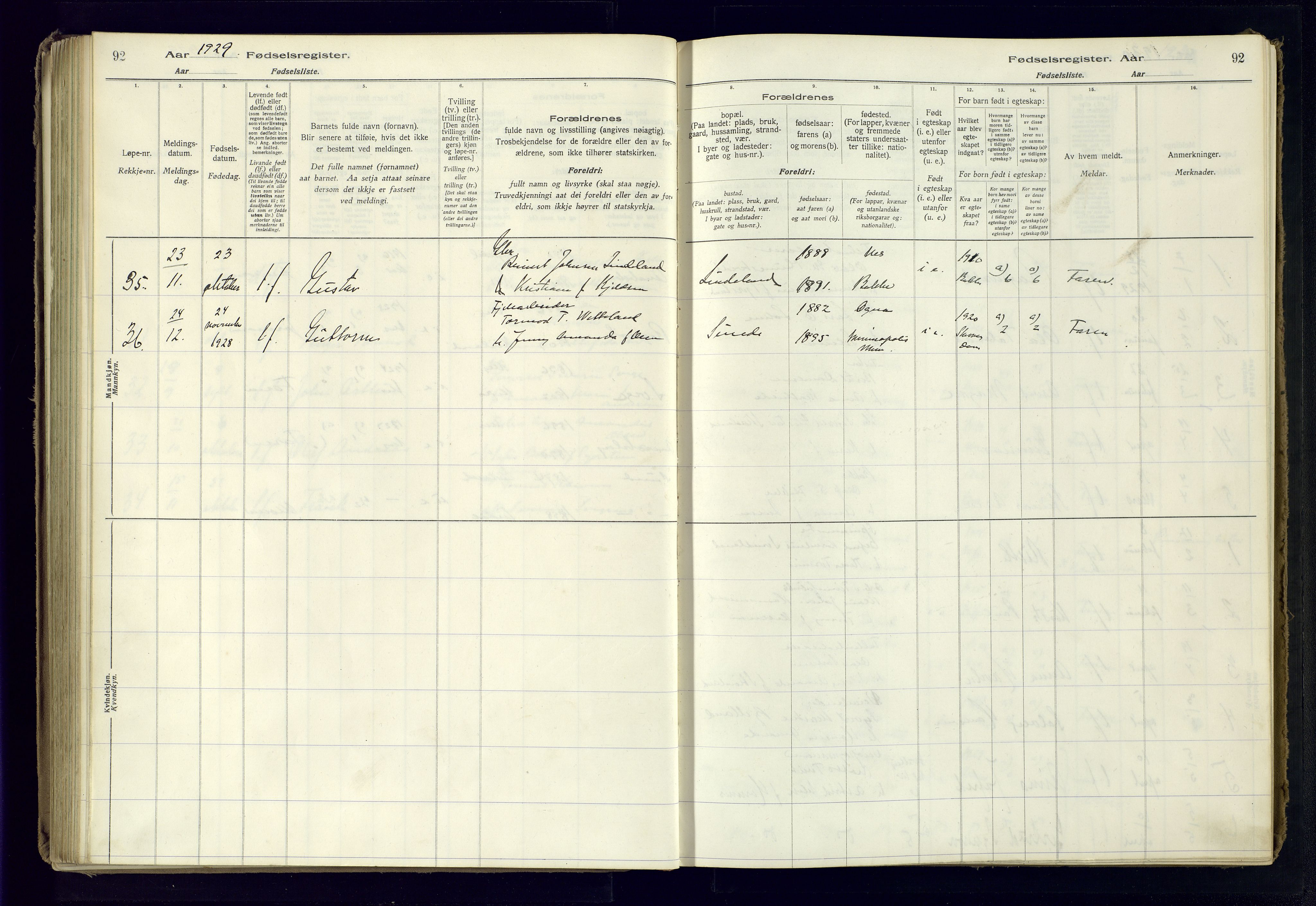 Flekkefjord sokneprestkontor, SAK/1111-0012/J/Ja/L0005: Birth register no. 5, 1916-1950, p. 92