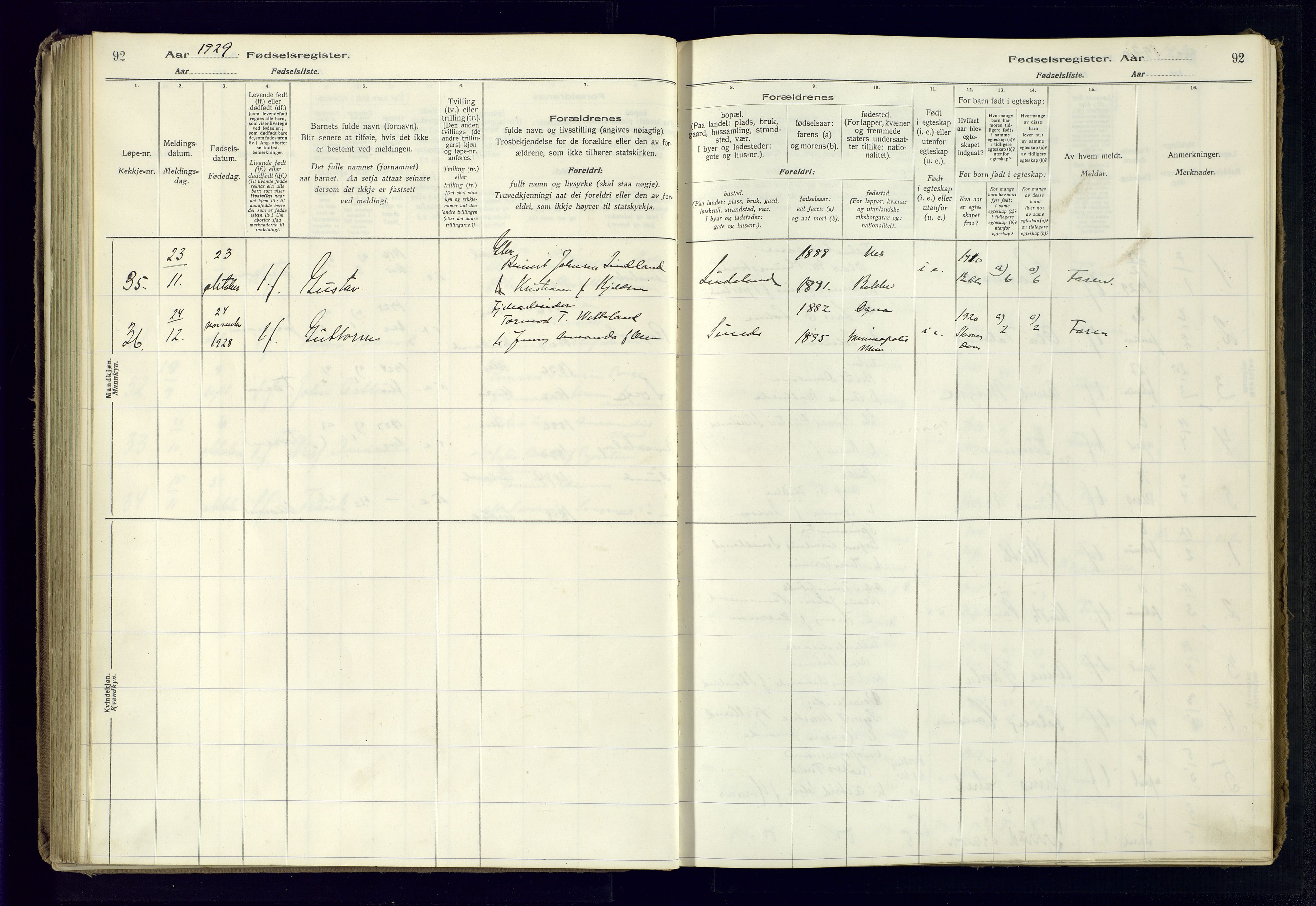 Flekkefjord sokneprestkontor, AV/SAK-1111-0012/J/Ja/L0005: Birth register no. 5, 1916-1950, p. 92