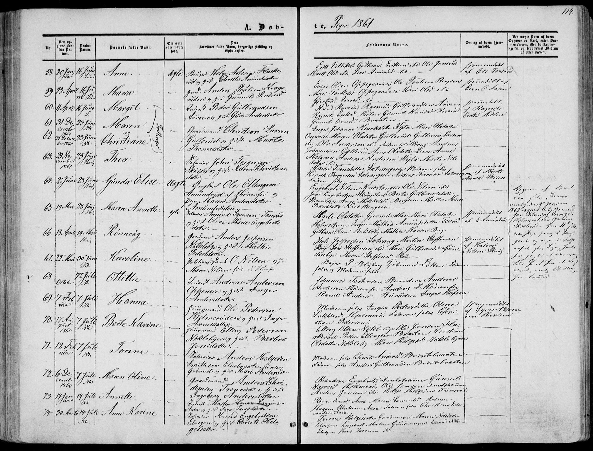 Norderhov kirkebøker, SAKO/A-237/F/Fa/L0012: Parish register (official) no. 12, 1856-1865, p. 114