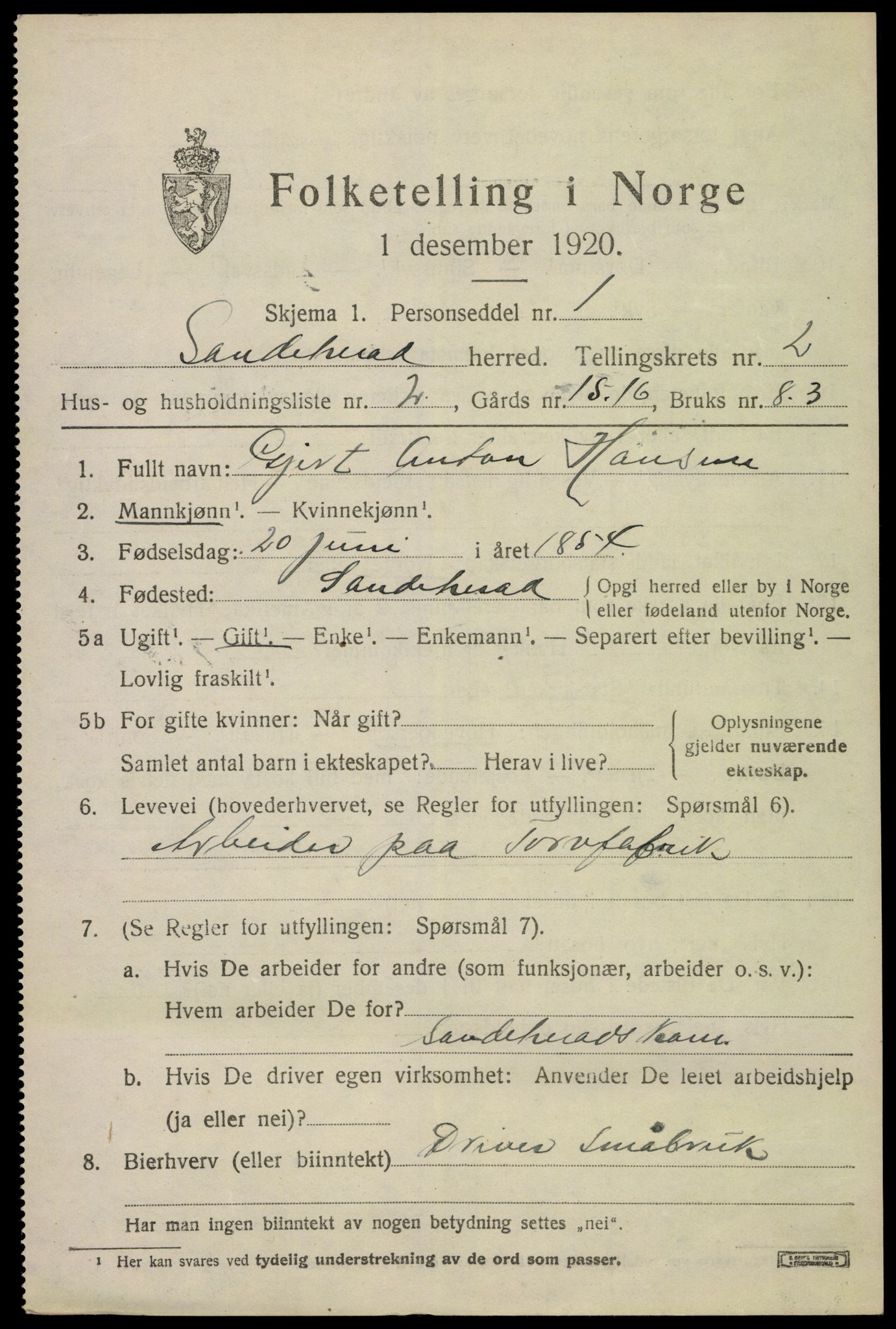 SAKO, 1920 census for Sandeherred, 1920, p. 4132