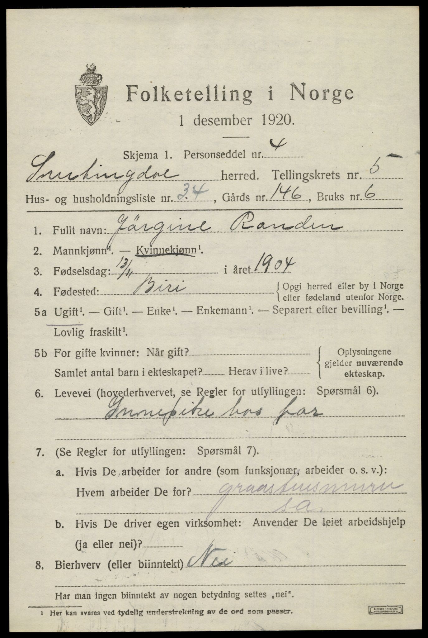 SAH, 1920 census for Snertingdal, 1920, p. 4701