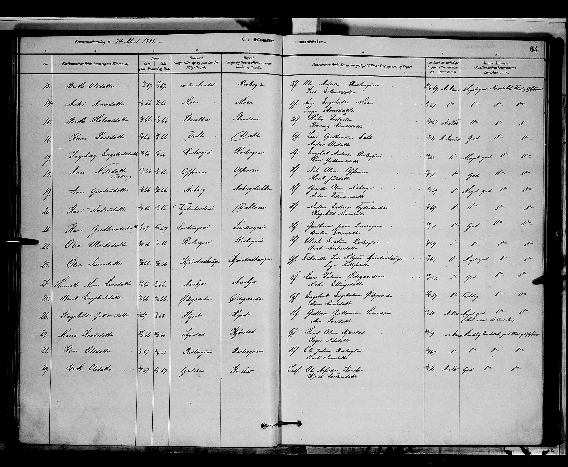 Nord-Aurdal prestekontor, SAH/PREST-132/H/Ha/Hab/L0006: Parish register (copy) no. 6, 1878-1892, p. 64