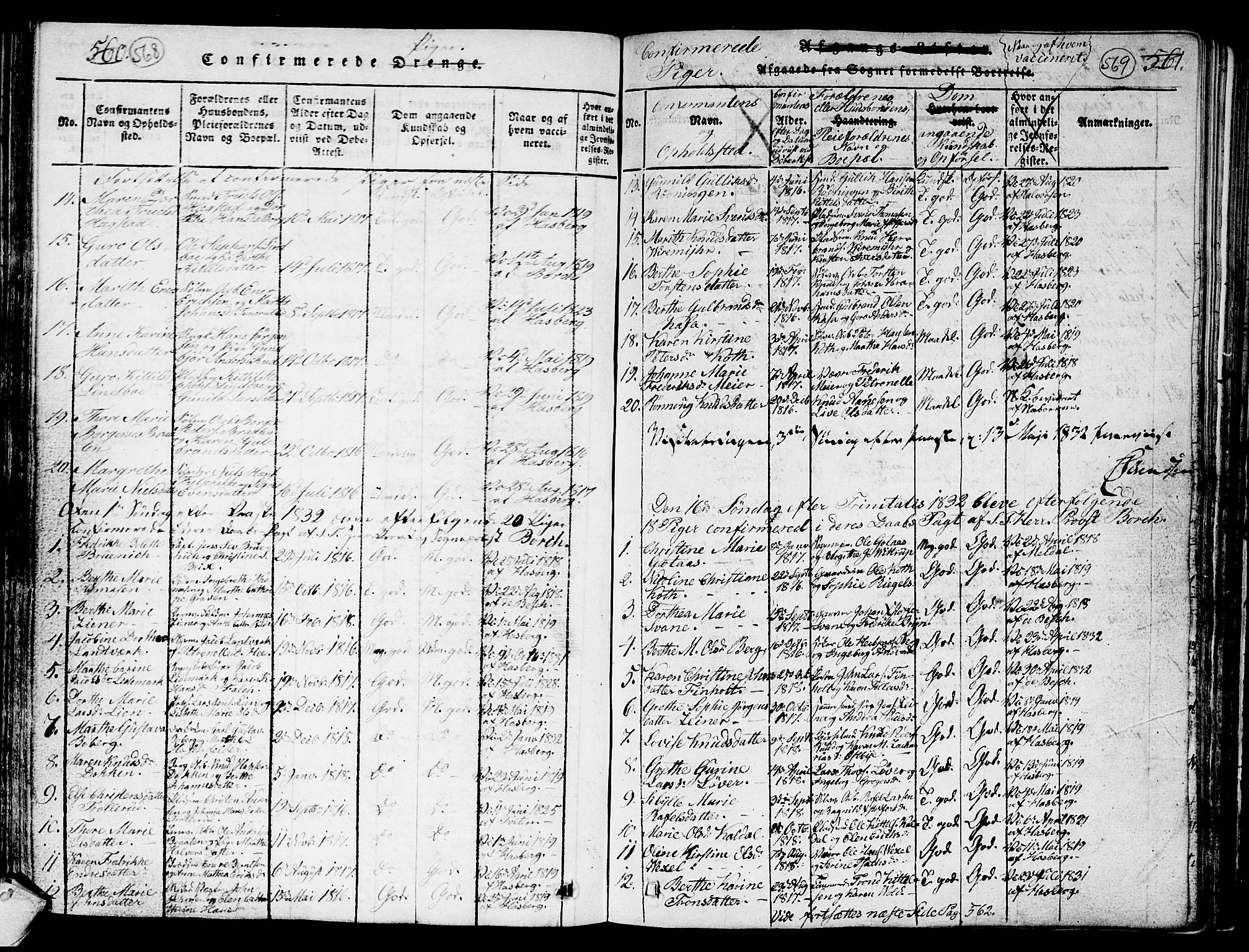 Kongsberg kirkebøker, SAKO/A-22/G/Ga/L0001: Parish register (copy) no. 1, 1816-1839, p. 568-569