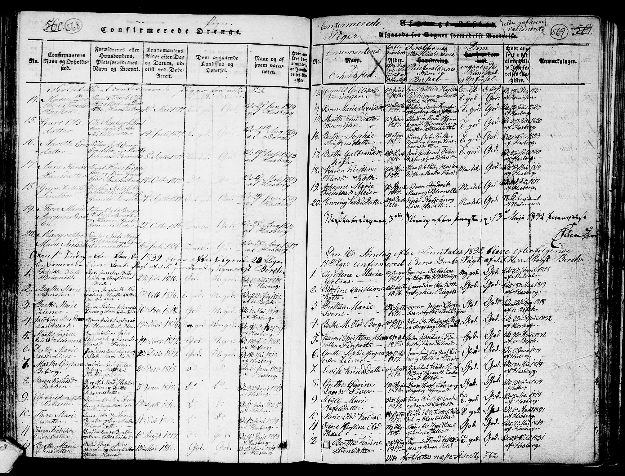 Kongsberg kirkebøker, AV/SAKO-A-22/G/Ga/L0001: Parish register (copy) no. 1, 1816-1839, p. 568-569