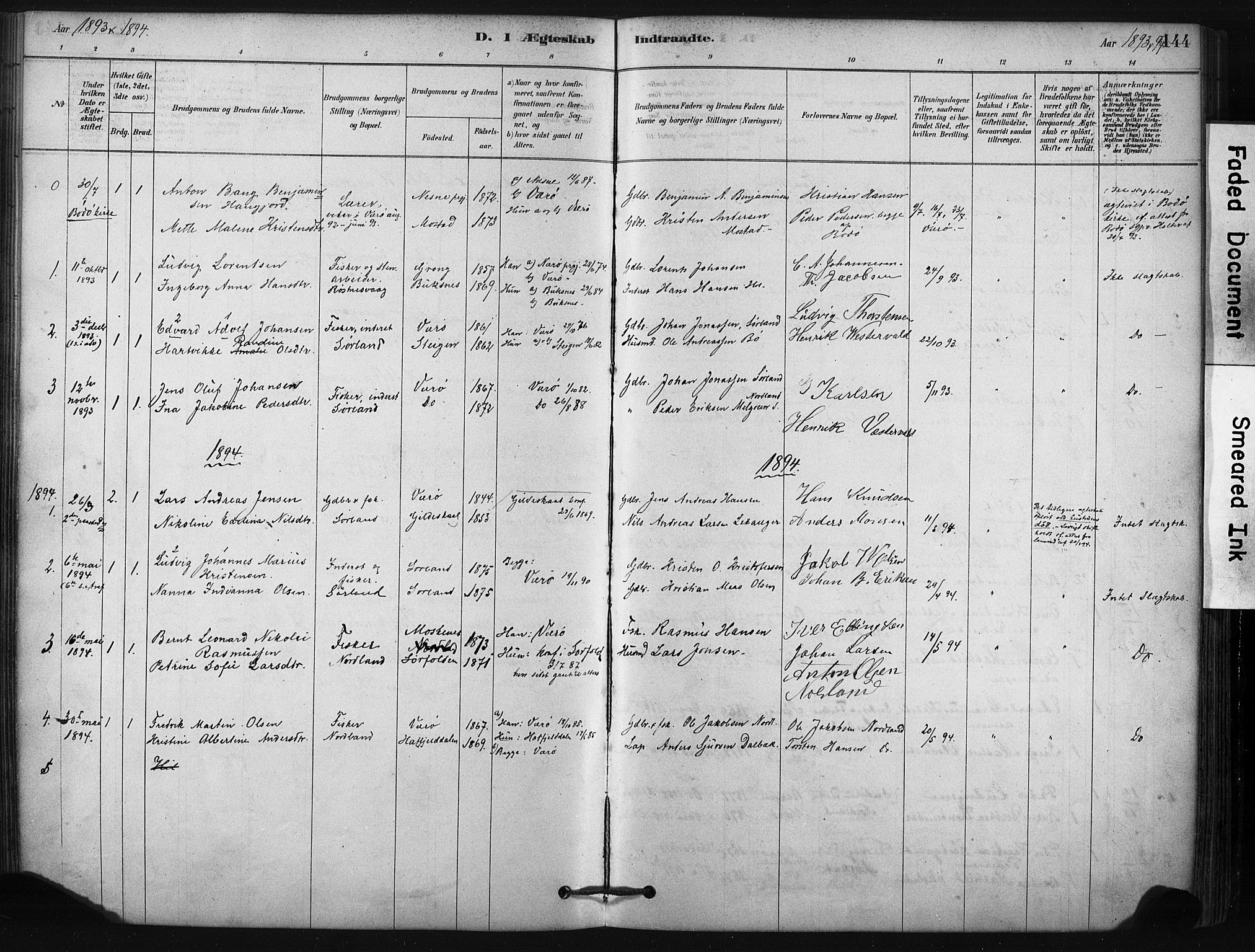 Ministerialprotokoller, klokkerbøker og fødselsregistre - Nordland, AV/SAT-A-1459/807/L0122: Parish register (official) no. 807A05, 1880-1902, p. 144