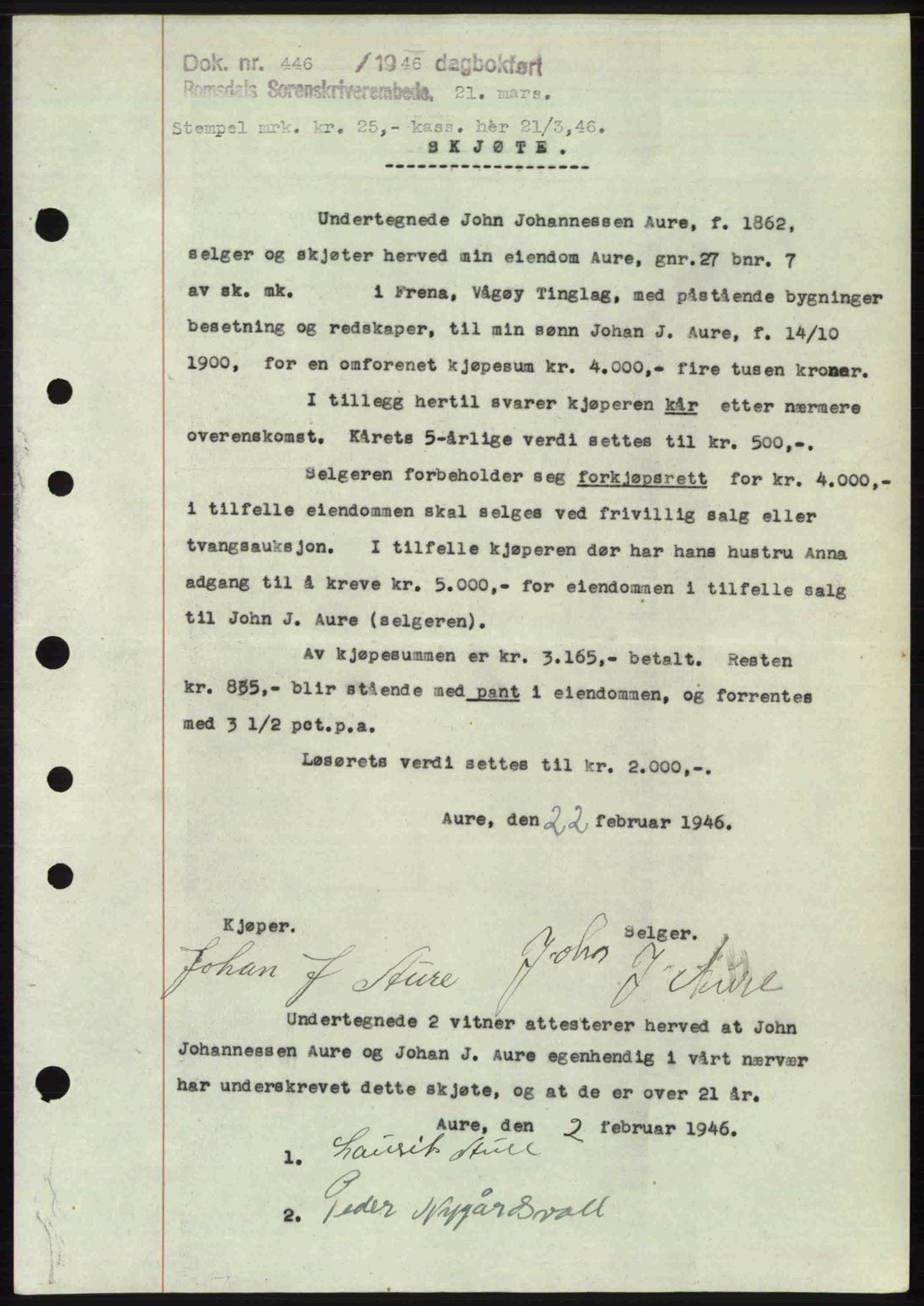 Romsdal sorenskriveri, SAT/A-4149/1/2/2C: Mortgage book no. A19, 1946-1946, Diary no: : 446/1946