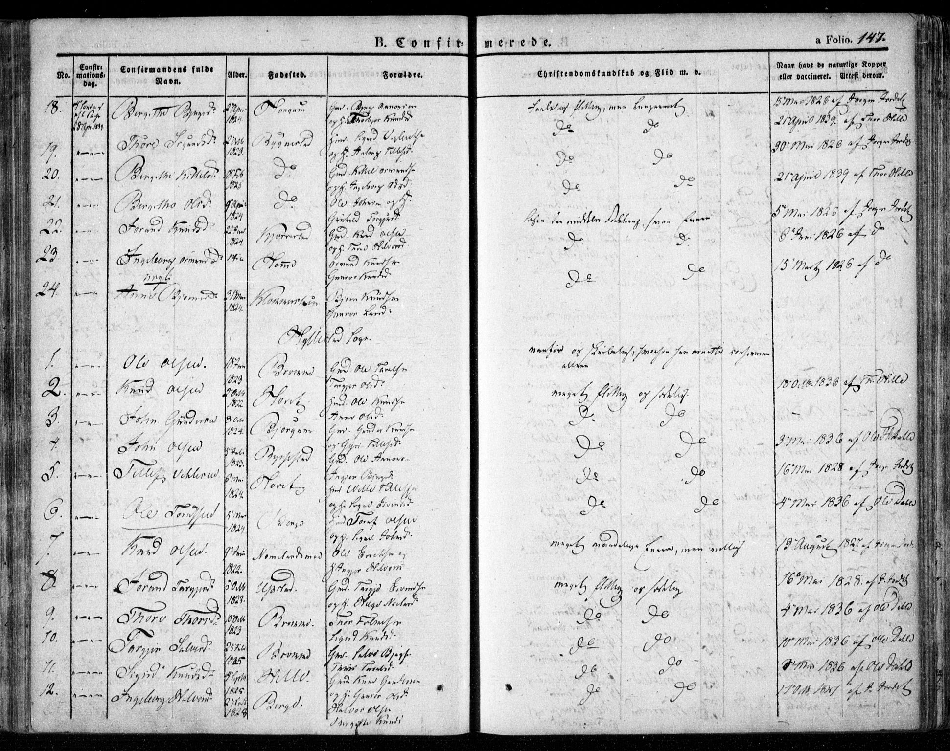 Valle sokneprestkontor, AV/SAK-1111-0044/F/Fa/Fac/L0006: Parish register (official) no. A 6, 1831-1853, p. 147