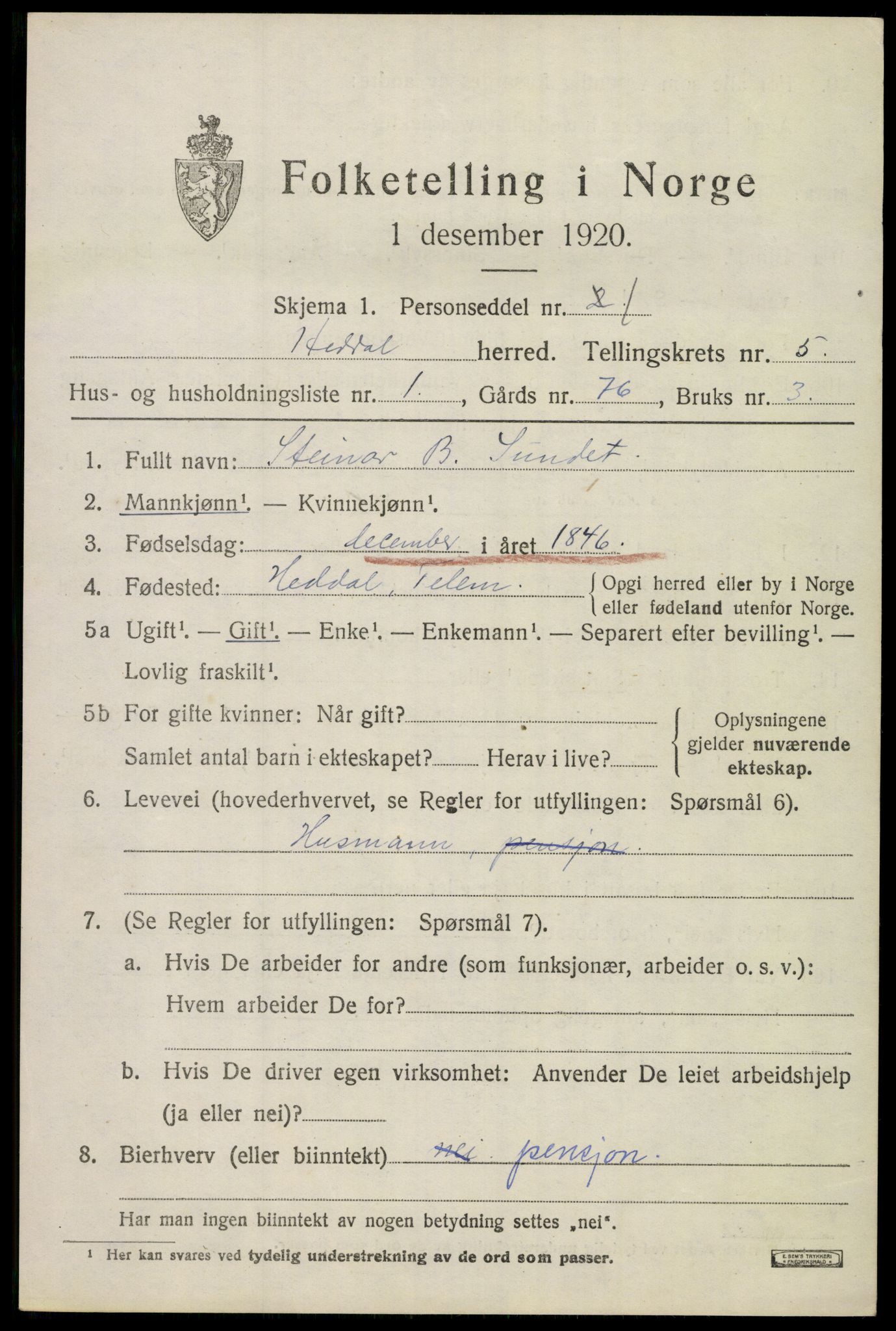 SAKO, 1920 census for Heddal, 1920, p. 4806